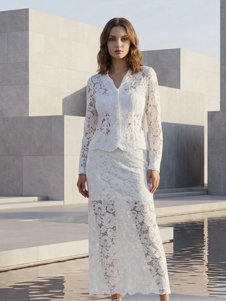 White Bridal Skirt and Jacket Set Bride Separates Two Piece Floral Lace Bridal Suit