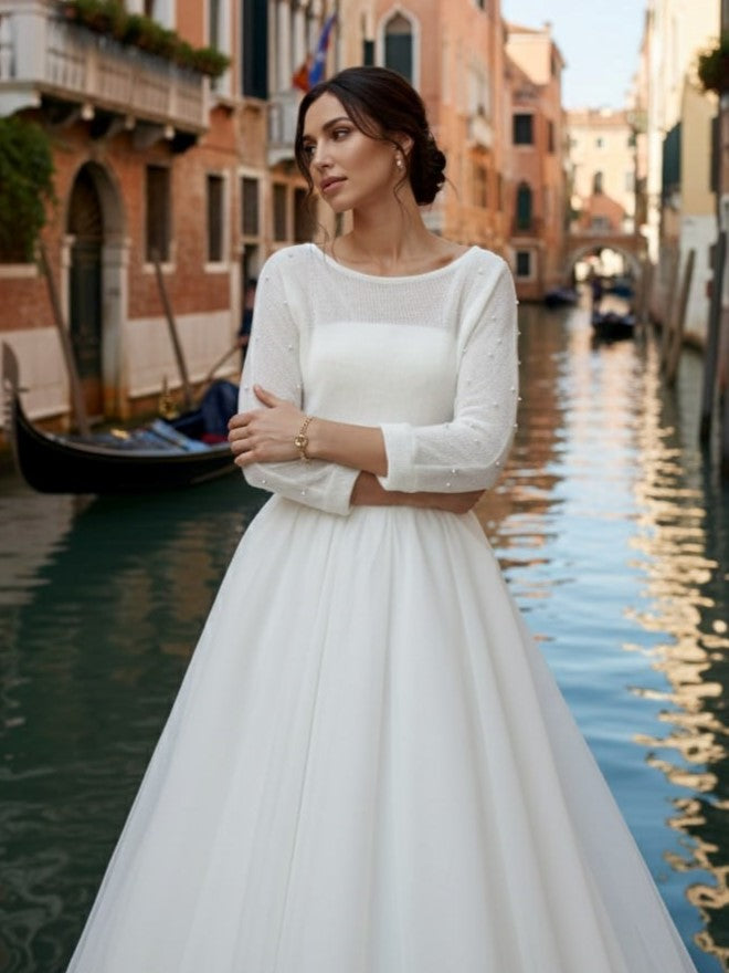 Bridal cardigan with pearls ivory wool sweater 3/4 sleeve elegant cover up