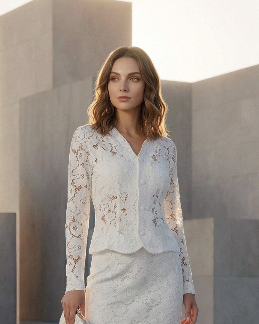 White Bridal Skirt and Jacket Set Bride Separates Two Piece Floral Lace Bridal Suit