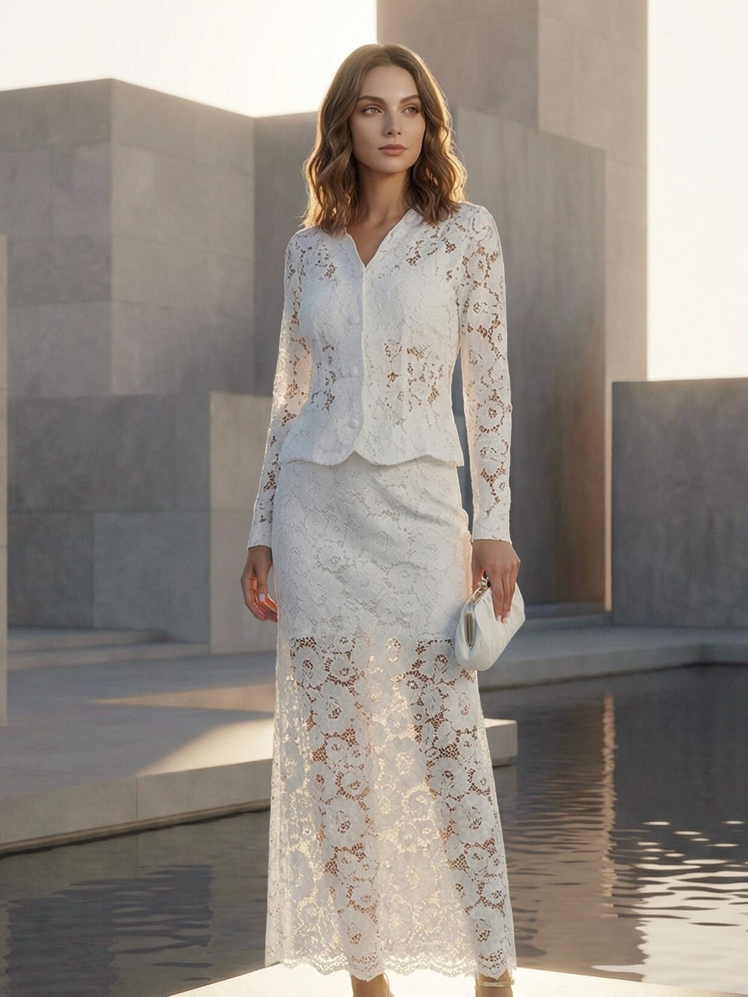 White Bridal Skirt and Jacket Set Bride Separates Two Piece Floral Lace Bridal Suit