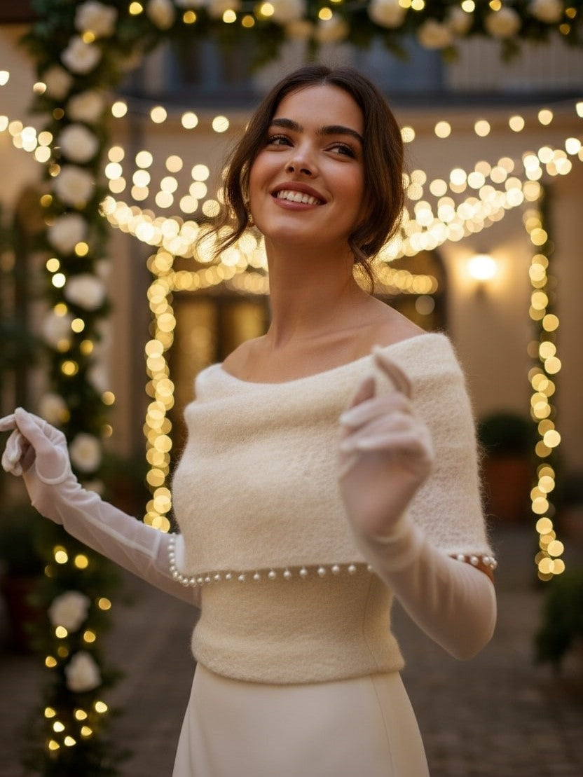 Wedding knit sleeves with pearls wool sweater topper for bridal gown