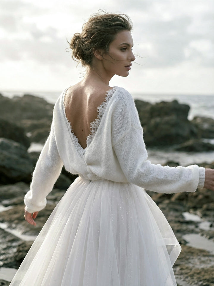 Jersey de novia de lana con puntilla. Jersey de novia con encaje.