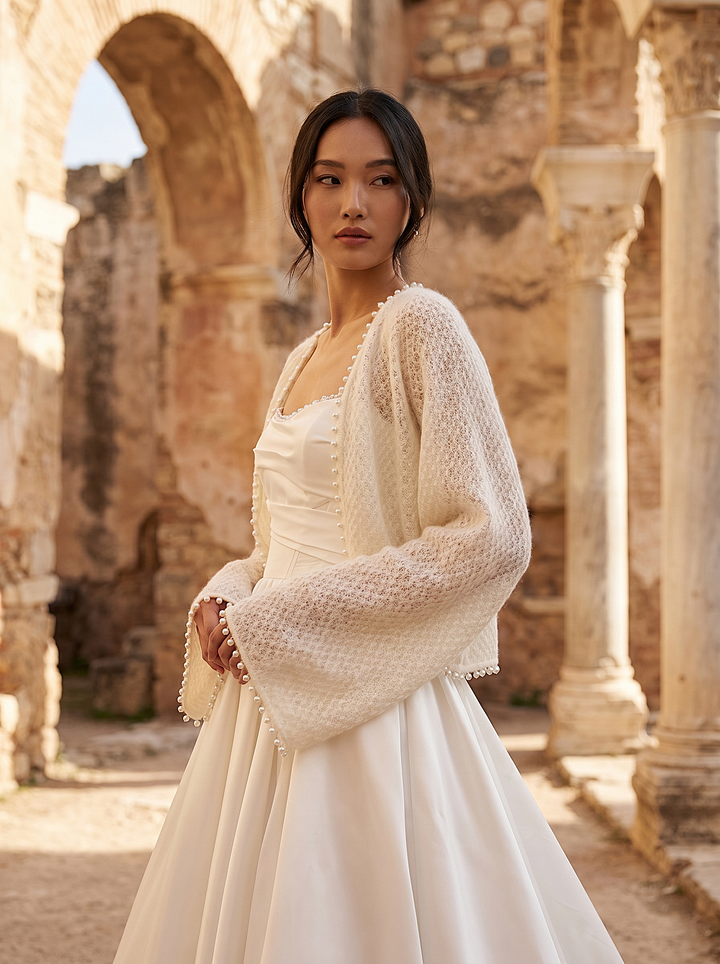 Pearl Wedding Topper Ivory Bridal Cardigan Wool Cover Up for Gown