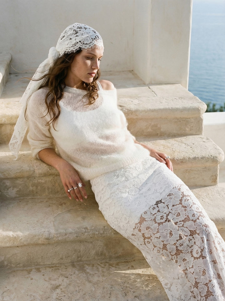 Bridal Two Piece Set Ivory Mohair Sweater Lace Wedding Skirt Outfit Bridal Separates
