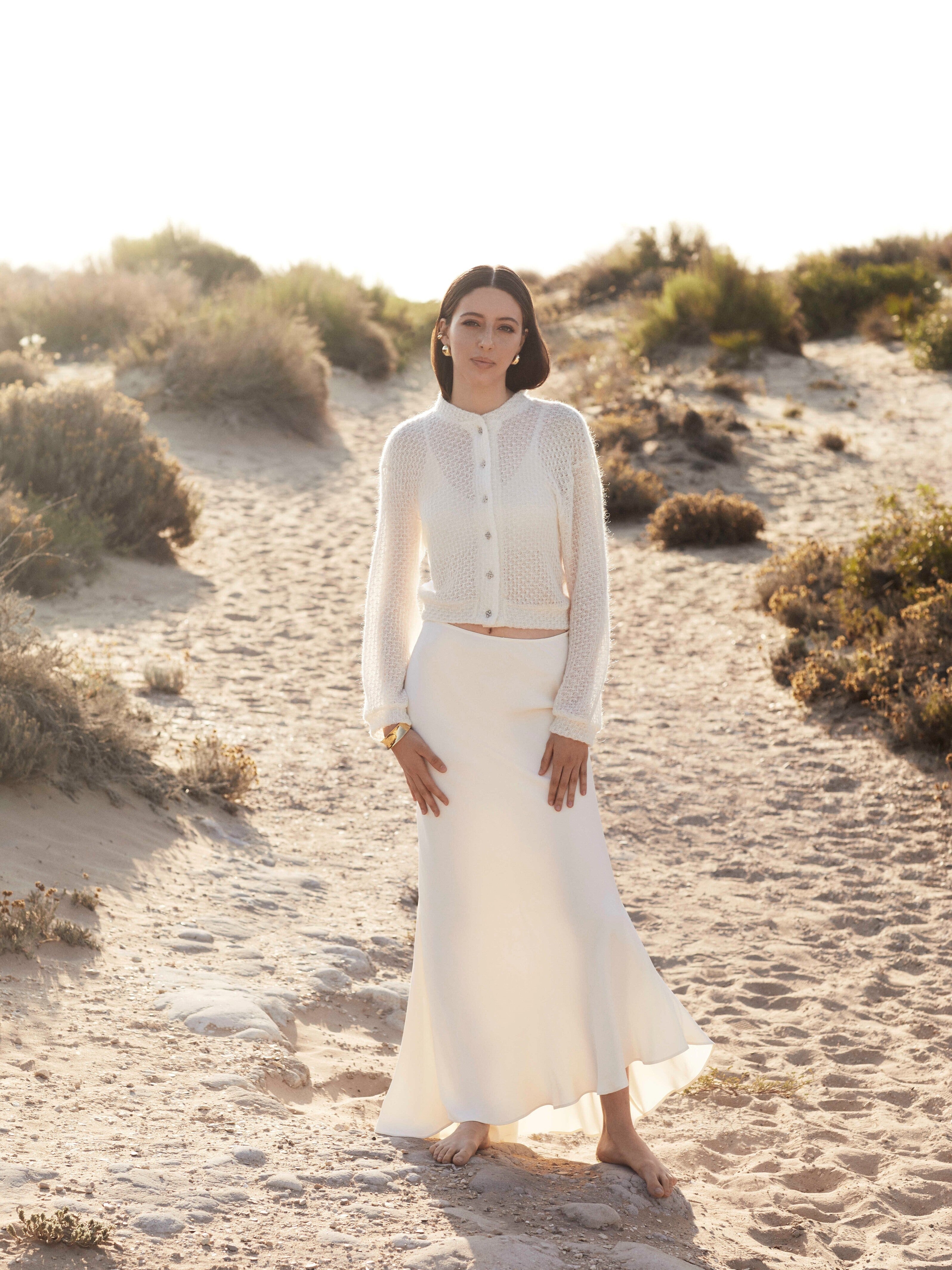 Long Sleeve White Wool Cardigan Decorated with Flower Buttons