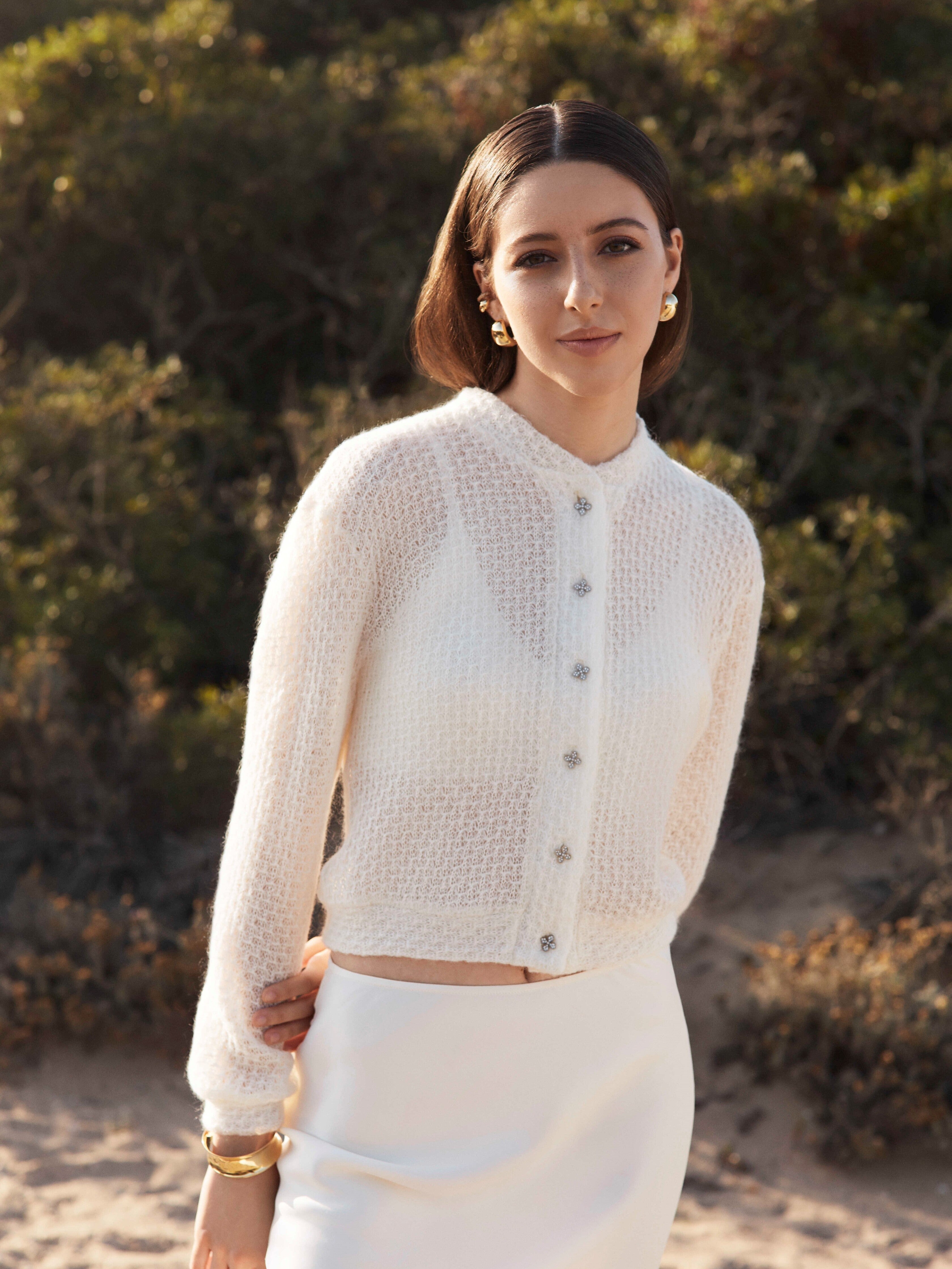 Long Sleeve White Wool Cardigan Decorated with Flower Buttons