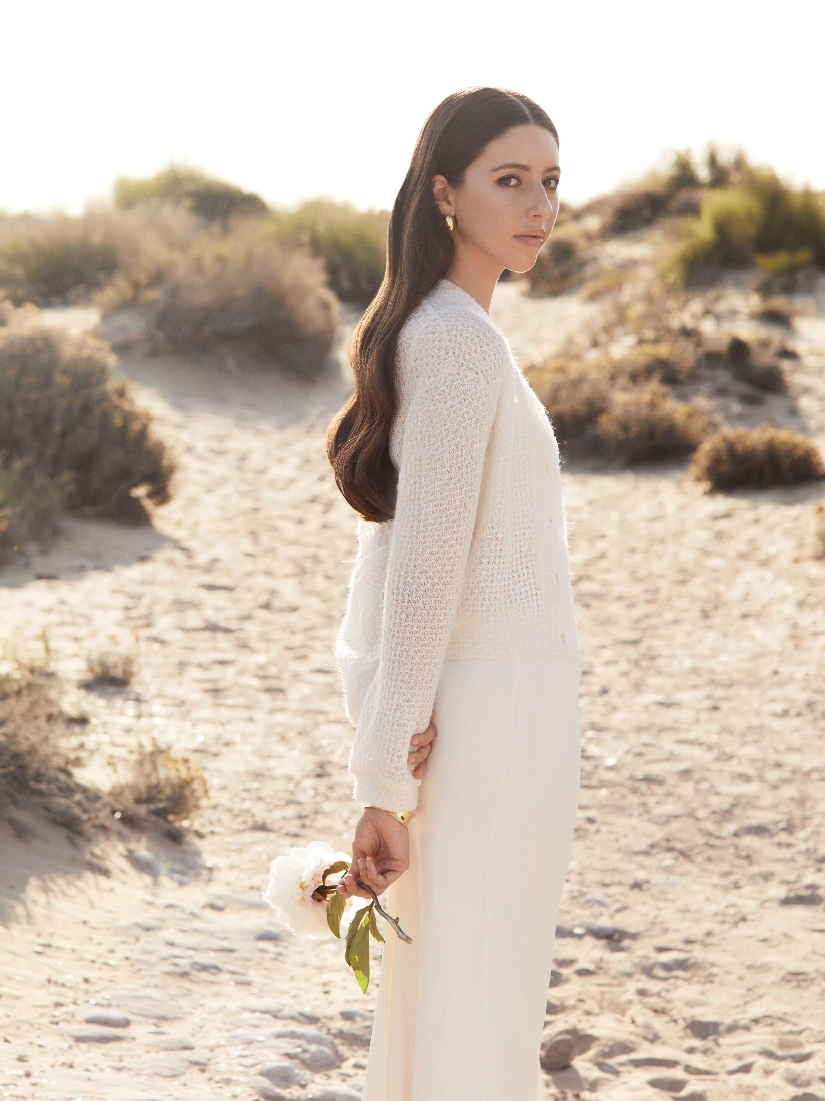 Long Sleeve White Wool Cardigan Decorated with Flower Buttons