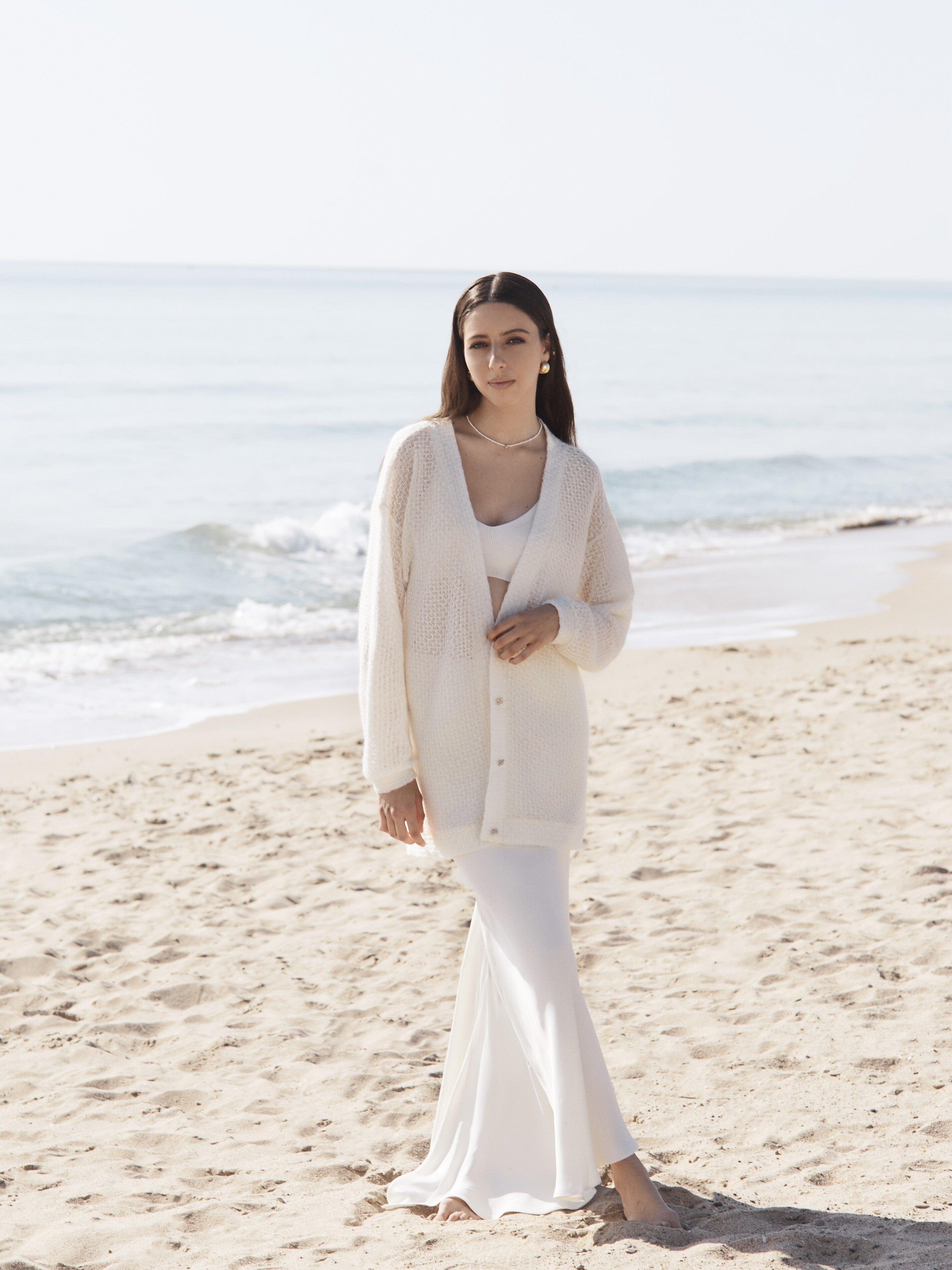 Knit long cardigan in white. Elegant bridal mohair coat with flower buttons