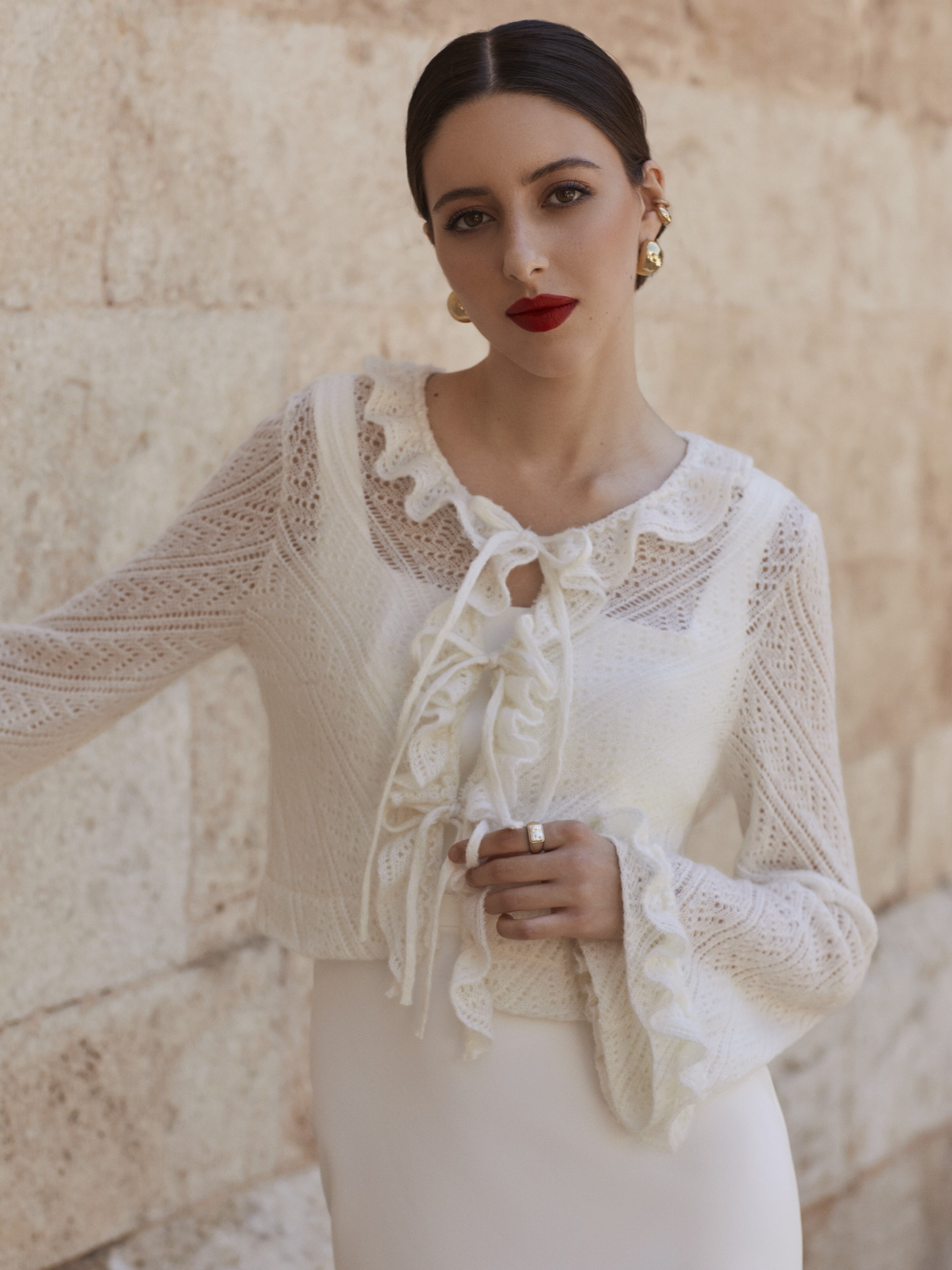 Elegant cropped bridal cardigan with long bell sleeves