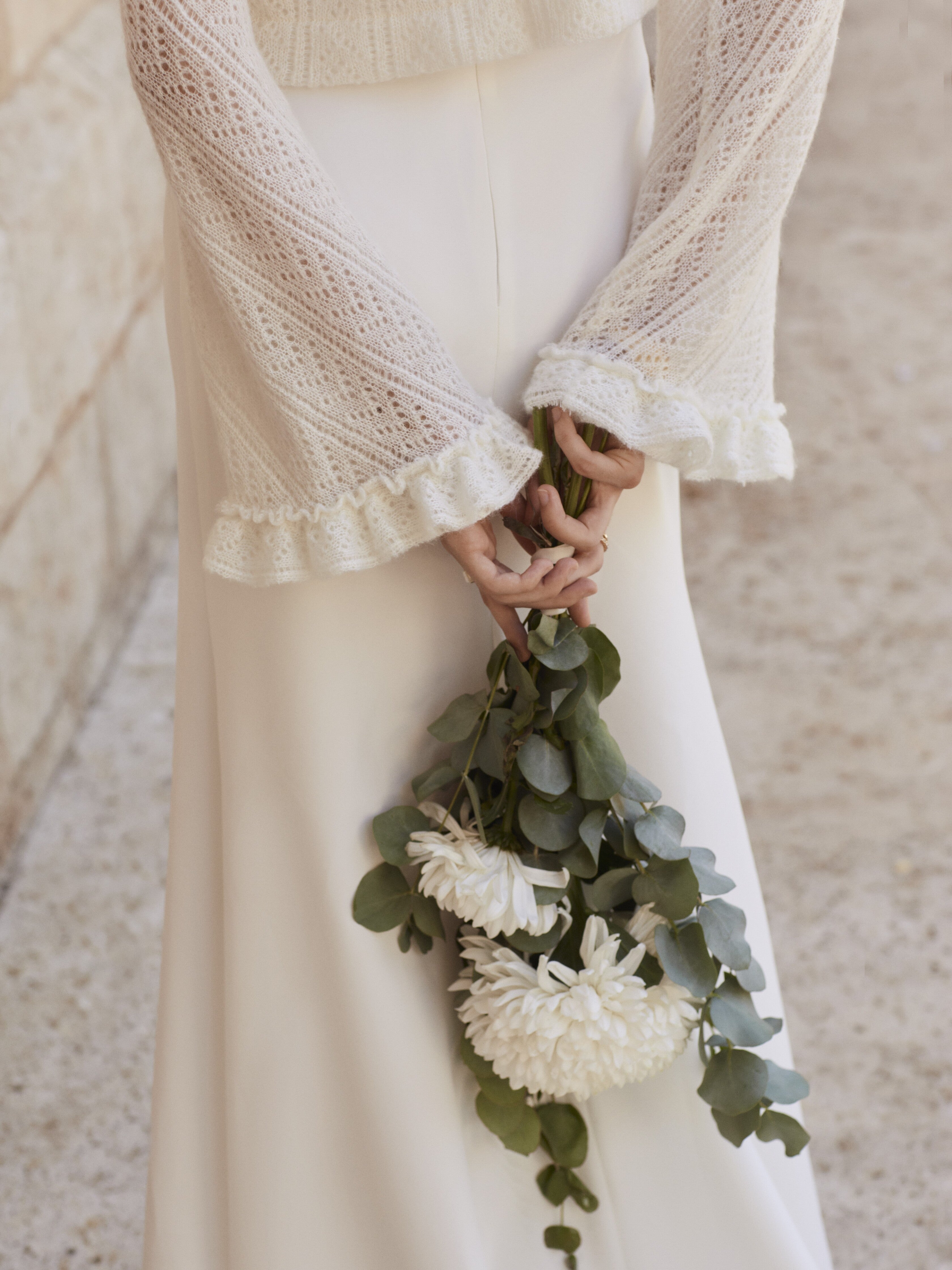 Elegant cropped bridal cardigan with long bell sleeves