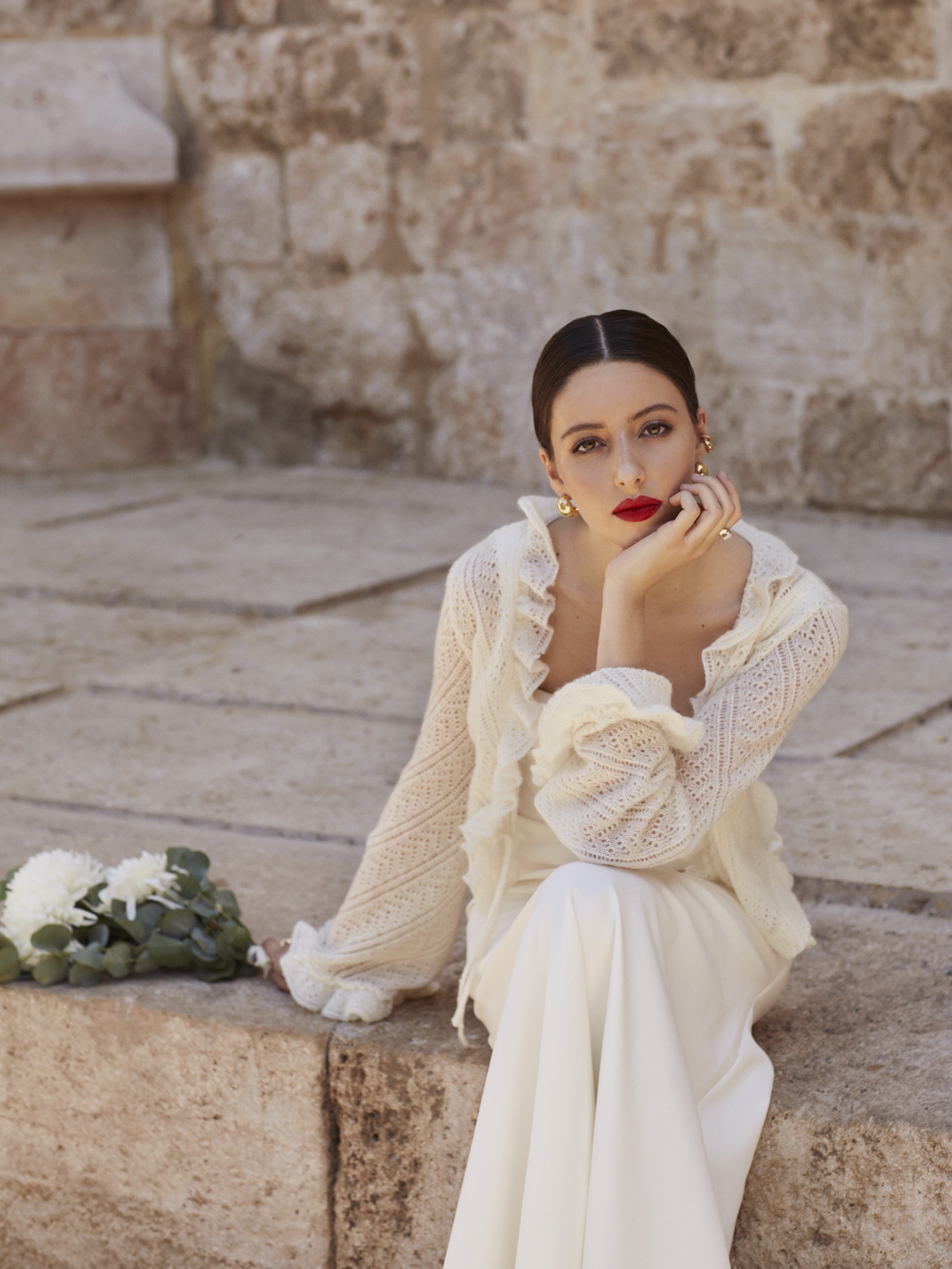 Elegant cropped bridal cardigan with long bell sleeves