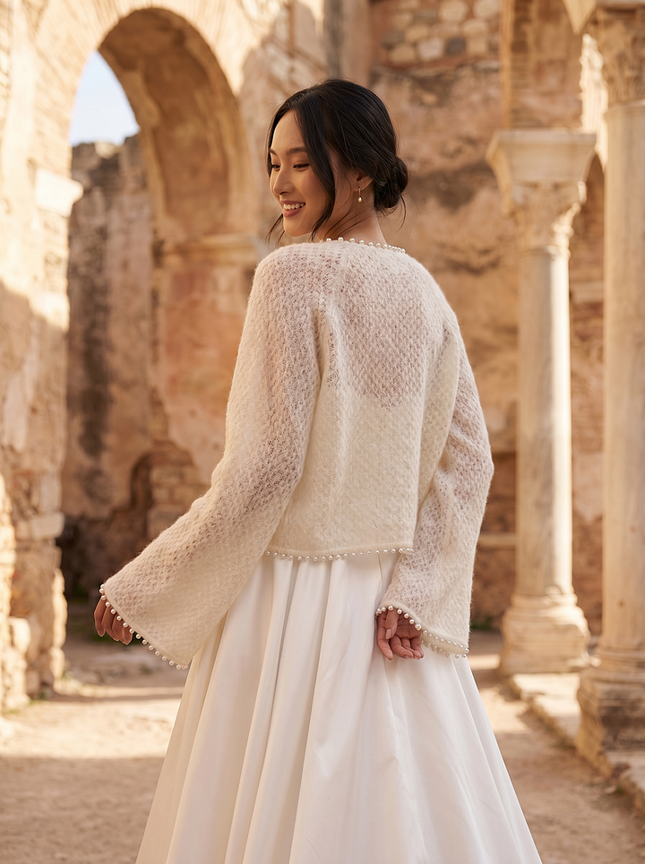 Pearl Wedding Topper Ivory Bridal Cardigan Wool Cover Up for Gown