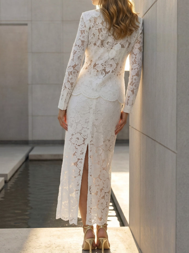 White Bridal Skirt and Jacket Set Bride Separates Two Piece Floral Lace Bridal Suit