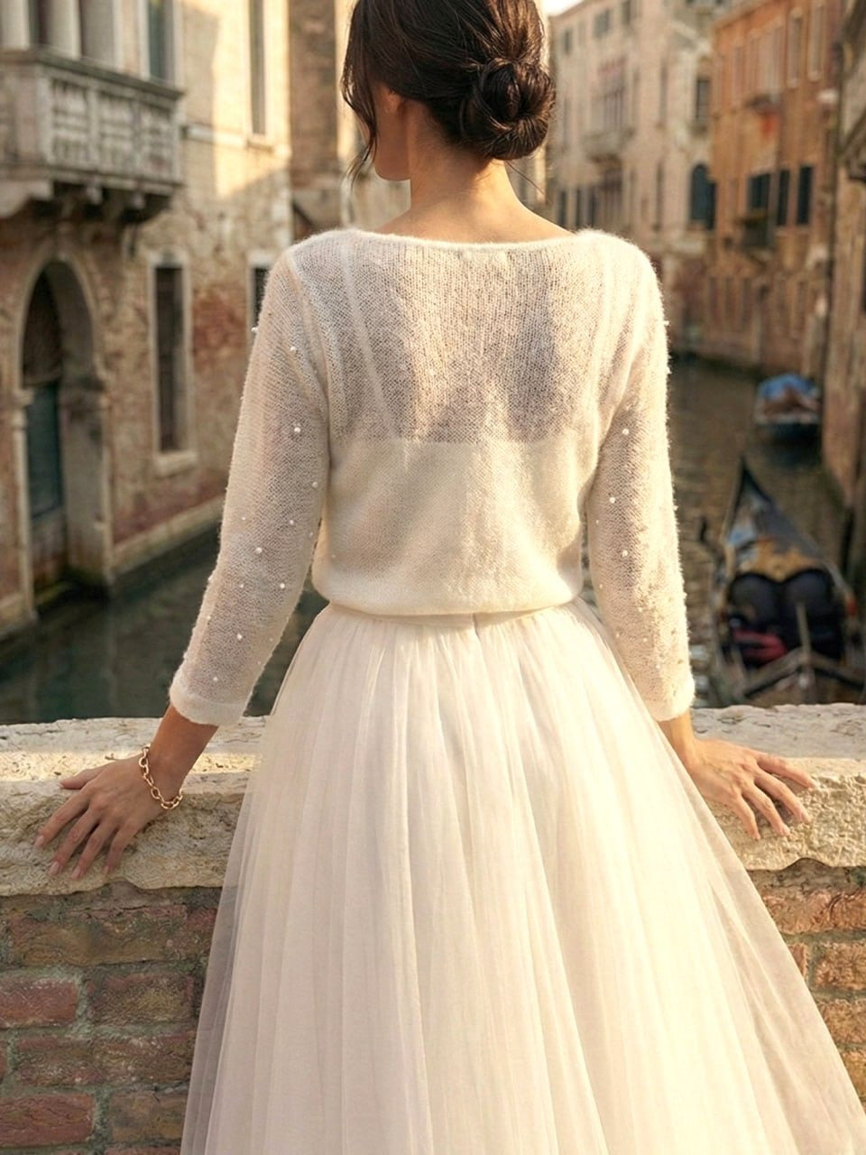 Bridal cardigan with pearls ivory wool sweater 3/4 sleeve elegant cover up