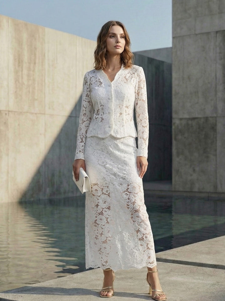 White Bridal Skirt and Jacket Set Bride Separates Two Piece Floral Lace Bridal Suit