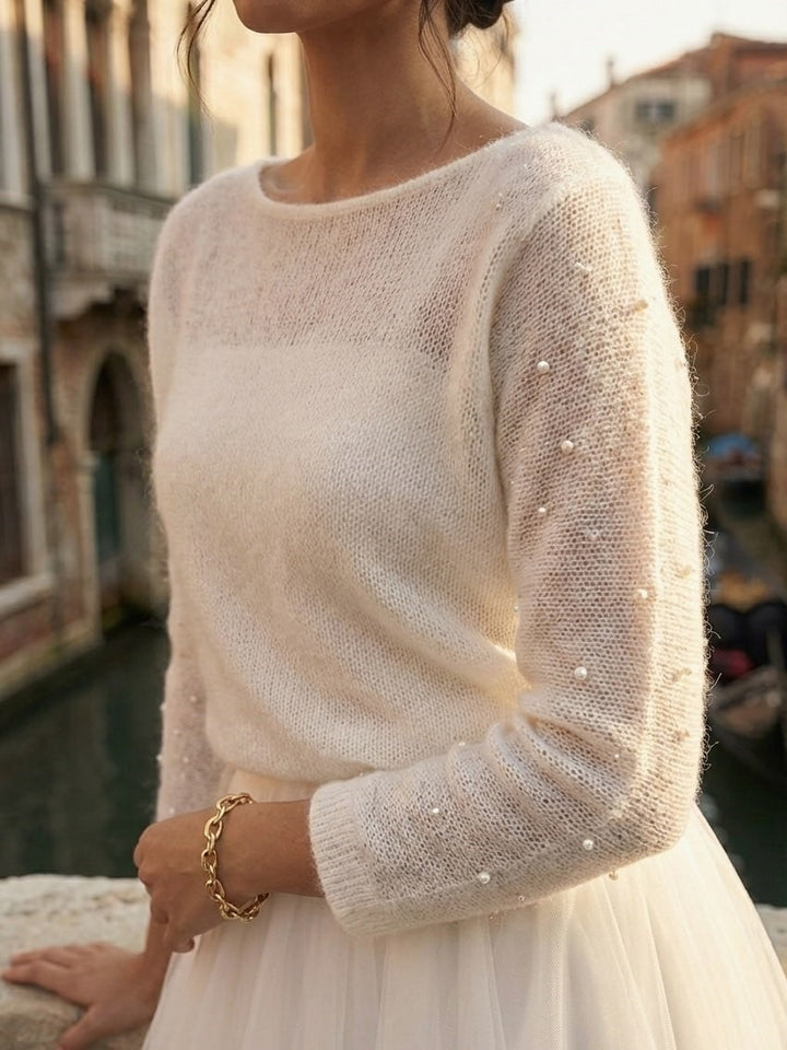 Bridal cardigan with pearls ivory wool sweater 3/4 sleeve elegant cover up