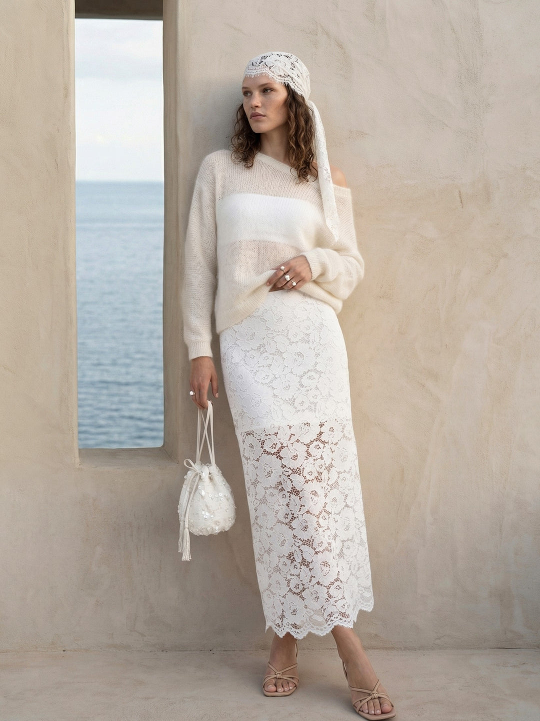 Bridal Two Piece Set Ivory Mohair Sweater Lace Wedding Skirt Outfit Bridal Separates