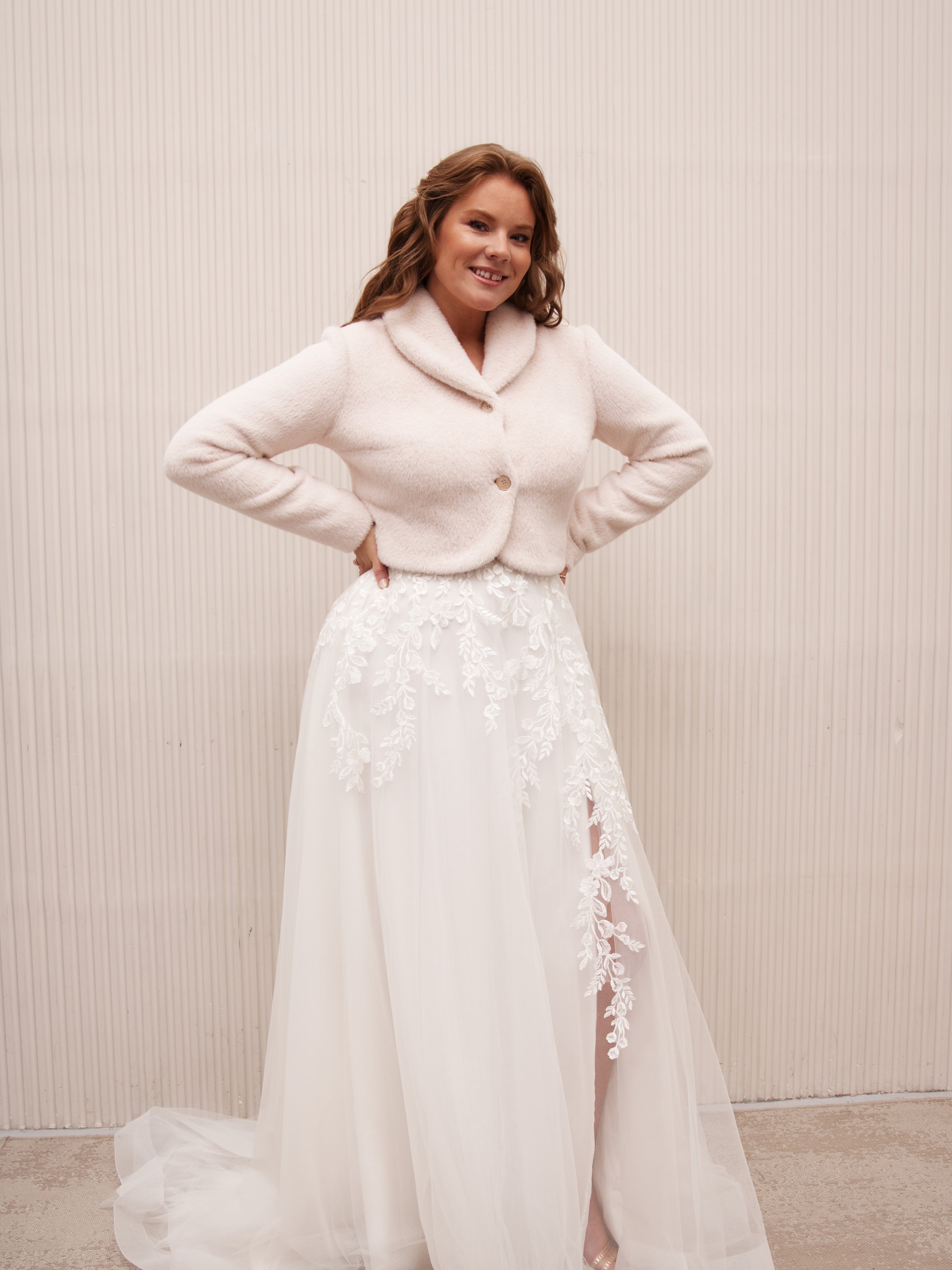 Blush Vegan Angora Bride Jacket with Heart-shaped Buttons