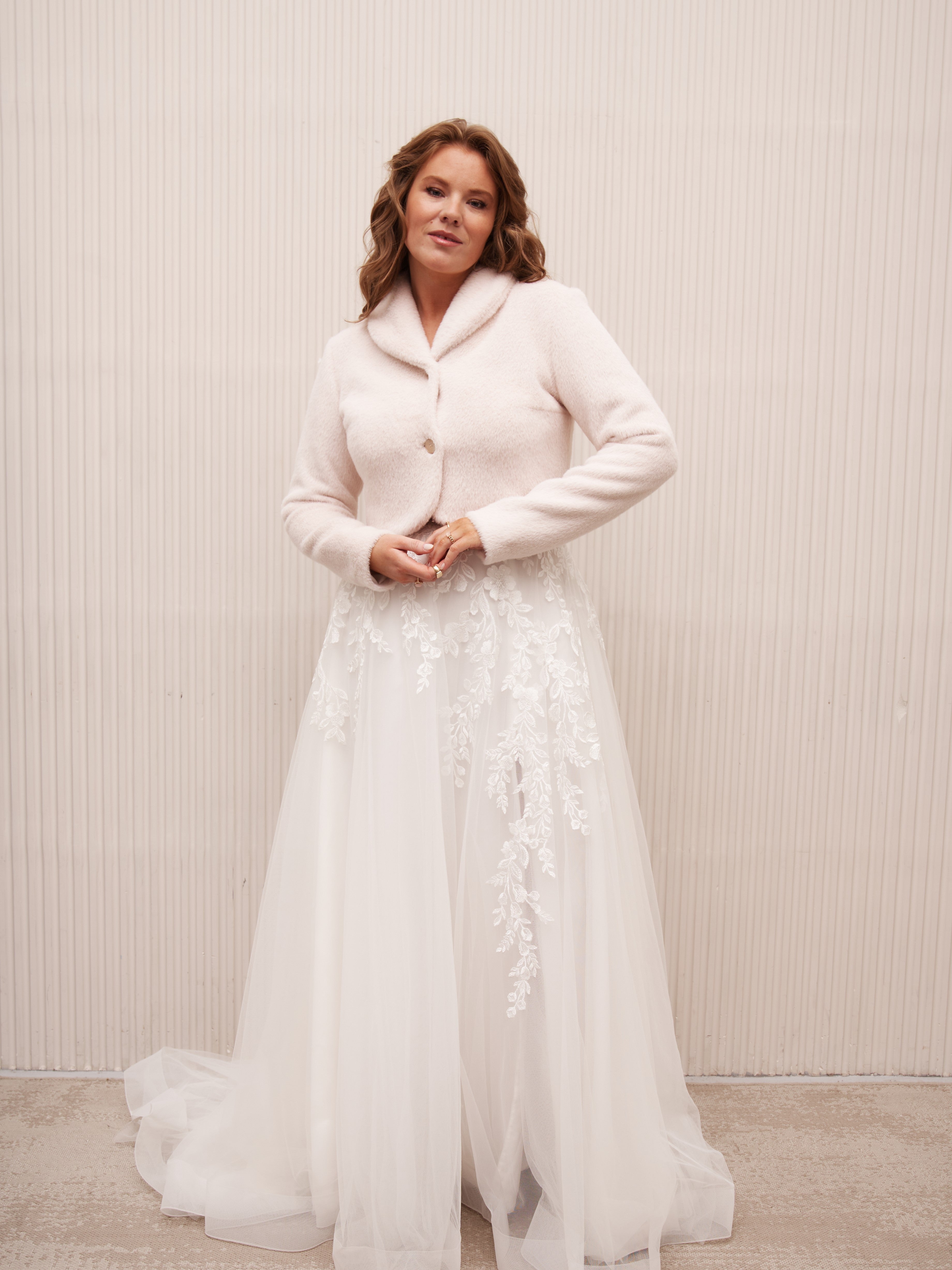 Blush Vegan Angora Bride Jacket with Heart-shaped Buttons