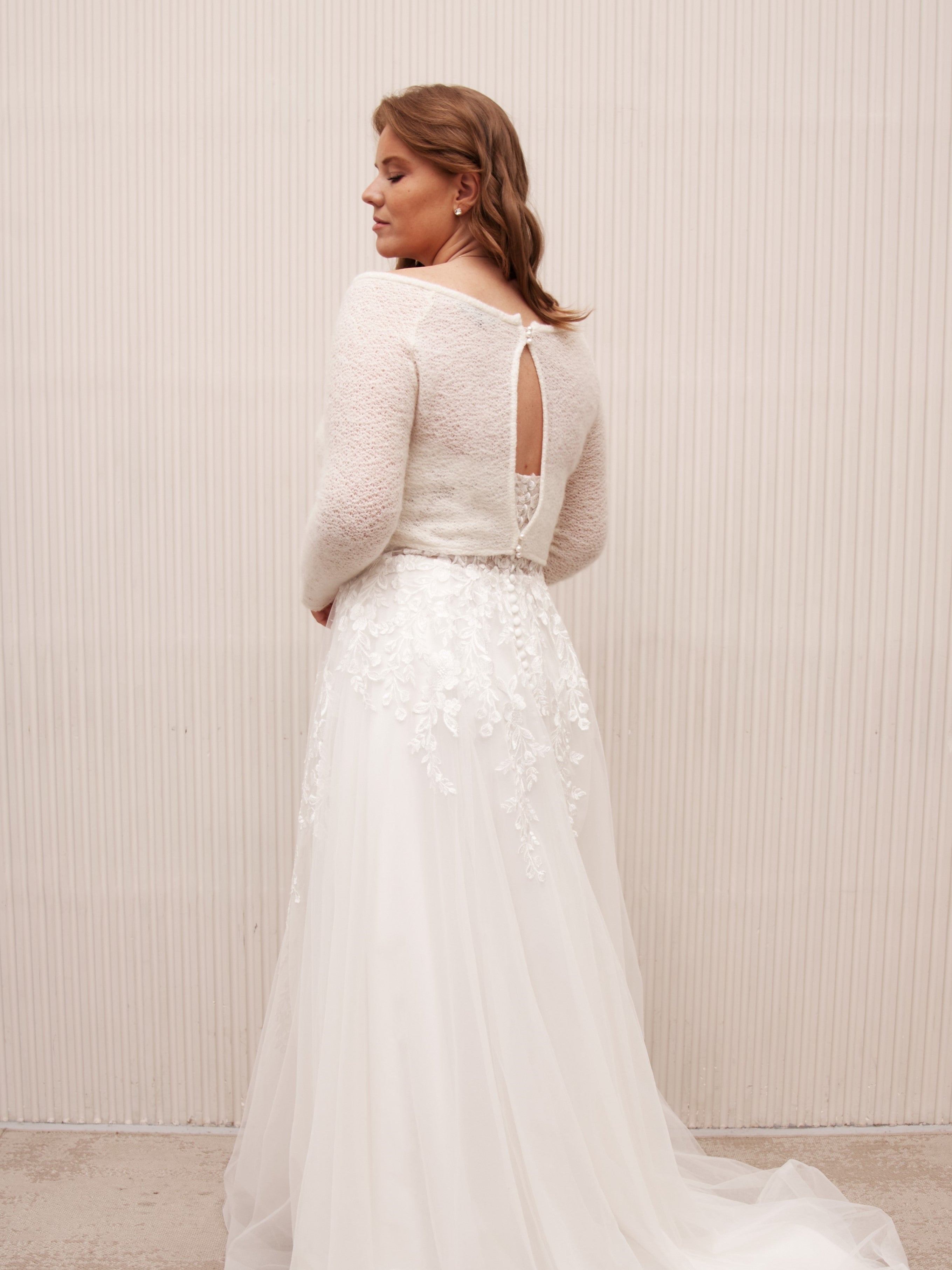 Off-Shoulder Bridal Bolero With Pearl Buttons