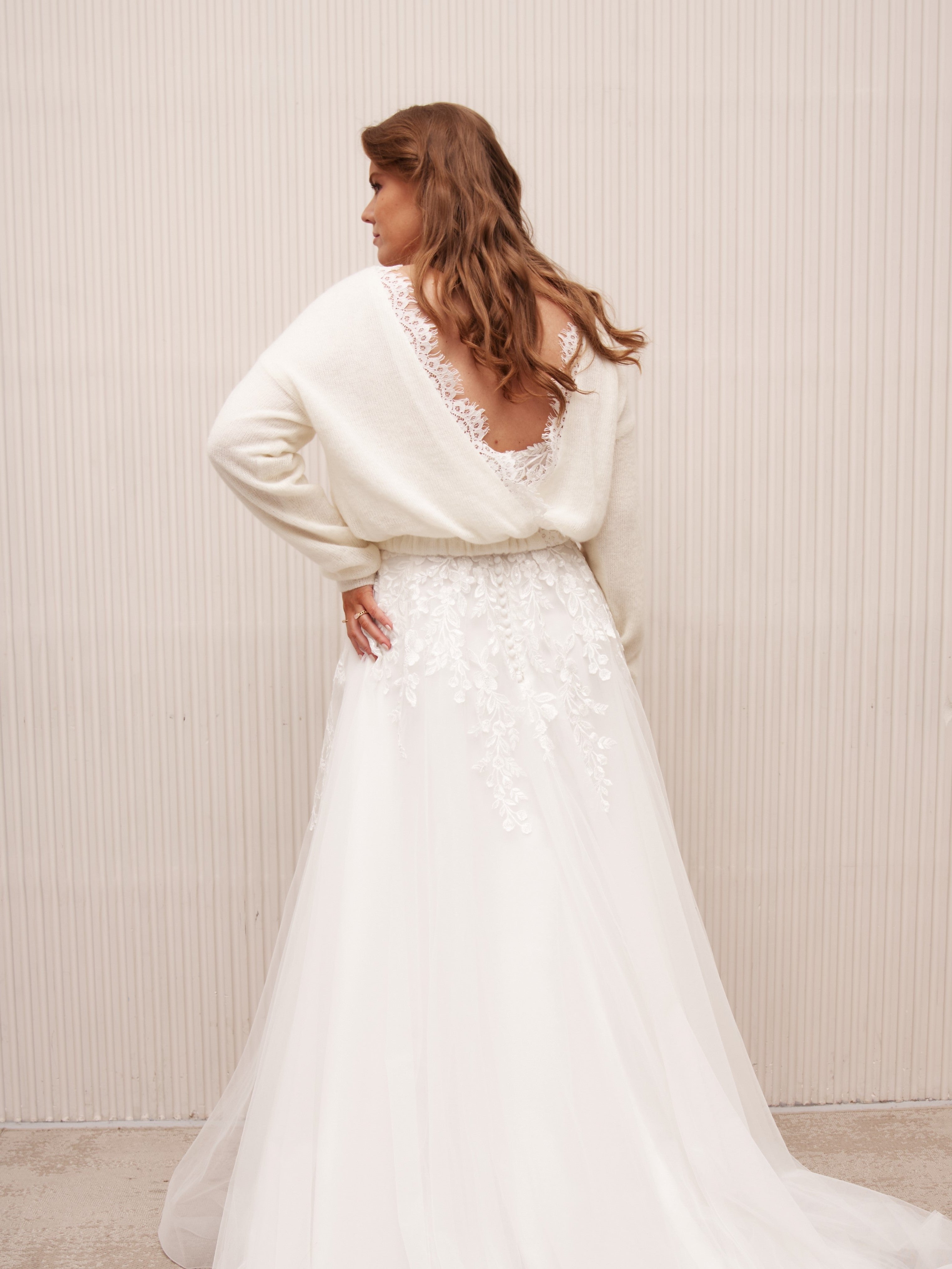 Ivory V-Neck Bridal Sweater Adorned with Lace Trim