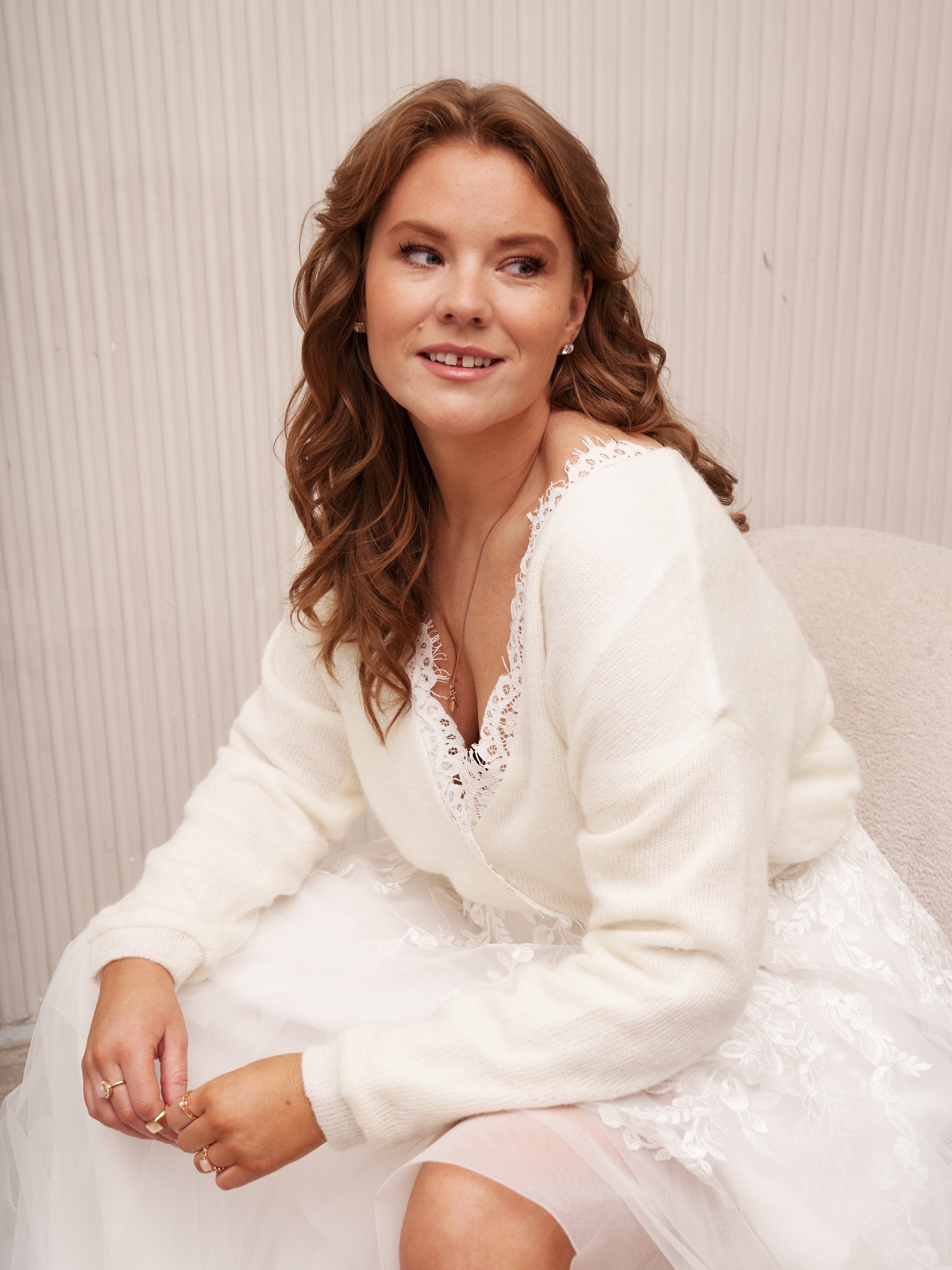 Ivory V-Neck Bridal Sweater Adorned with Lace Trim