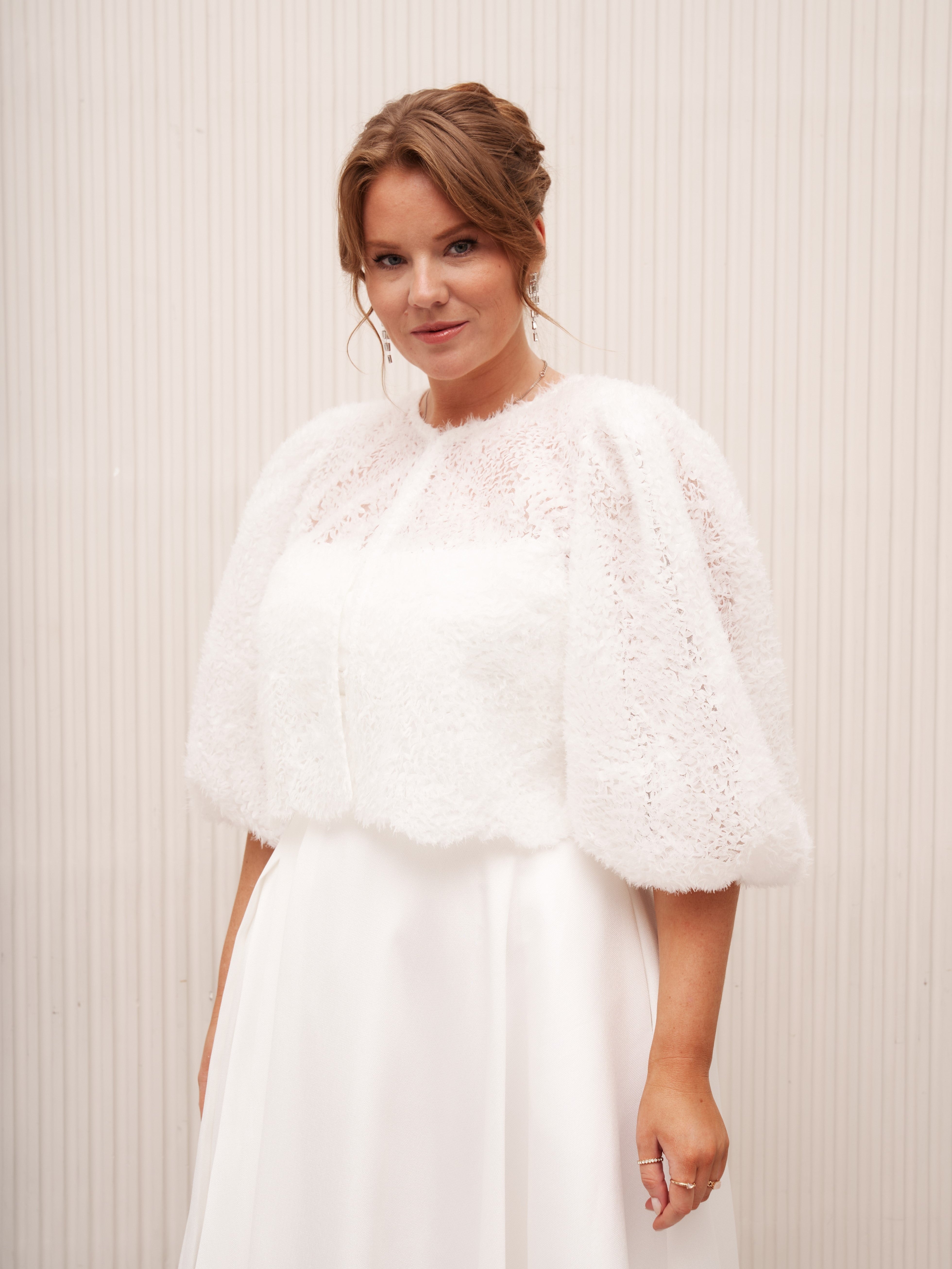 White Bridal Tulle Bolero Jacket. Volume Top Long Sleeve for Plus Size