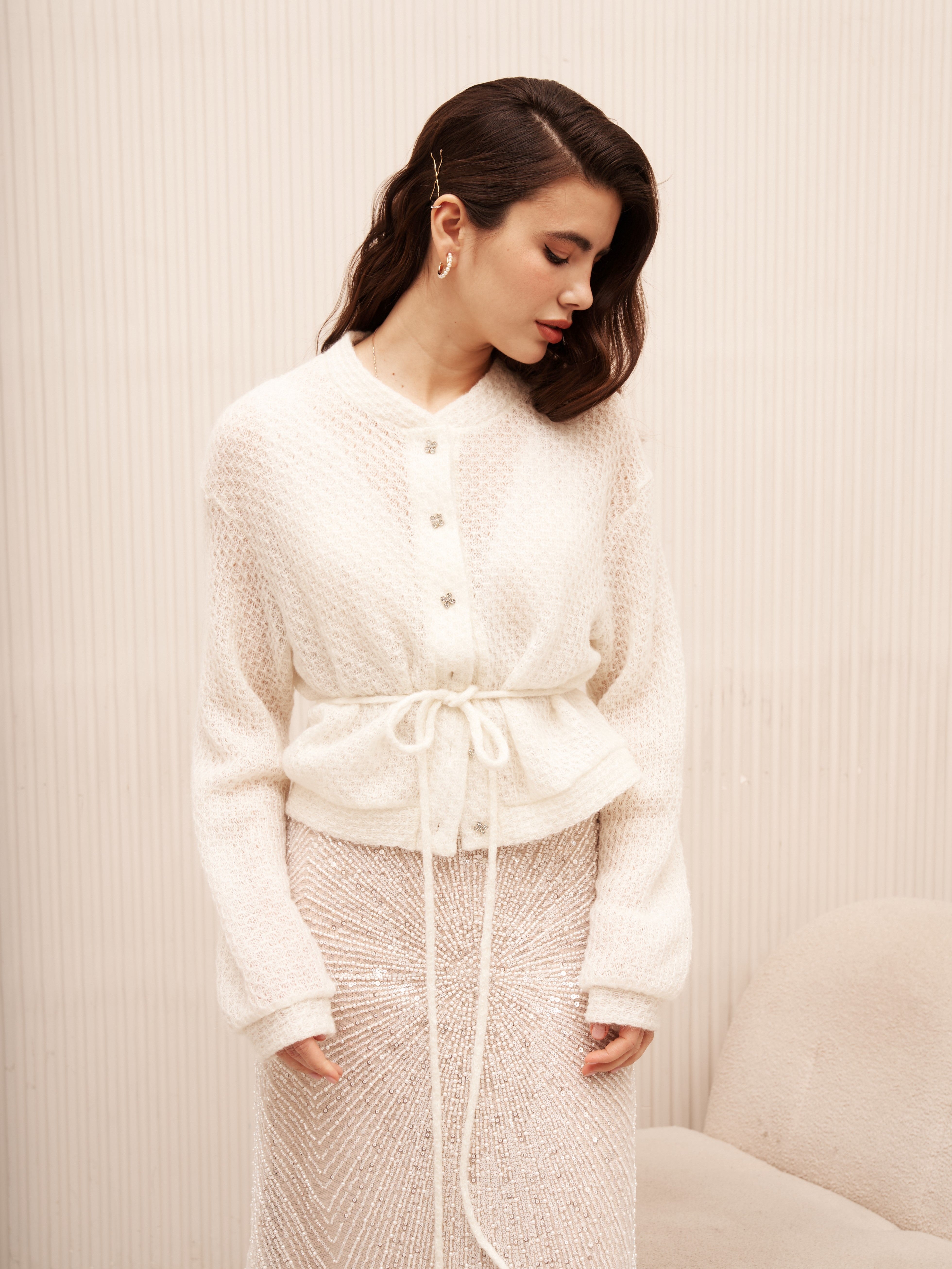 Ivory Bridal Cardigan with Floral Accent Buttons and Belt
