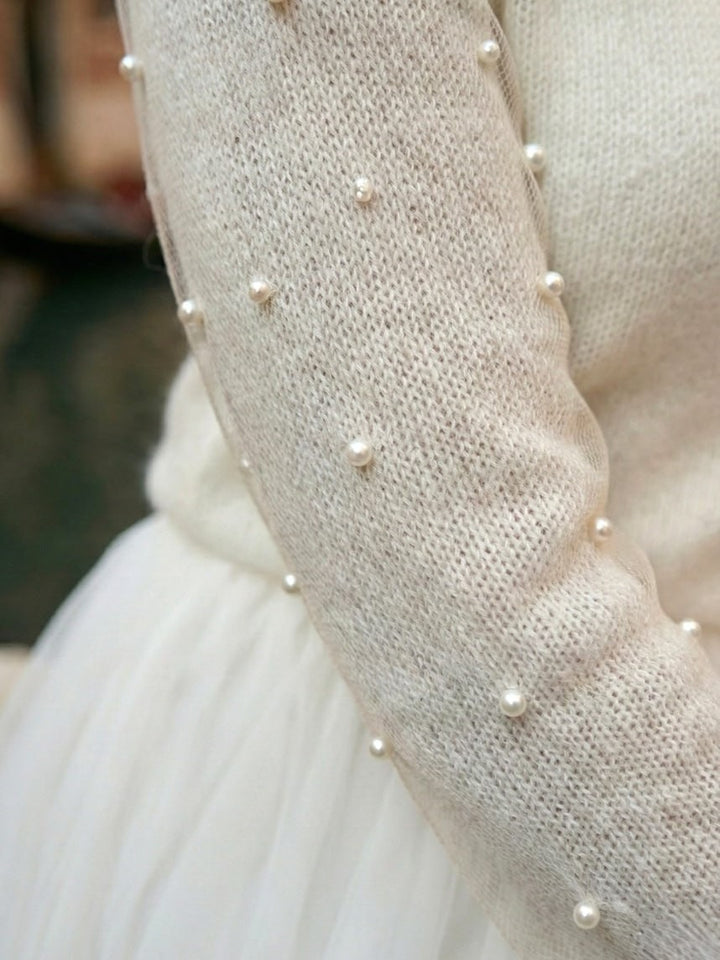 Bridal cardigan with pearls ivory wool sweater 3/4 sleeve elegant cover up