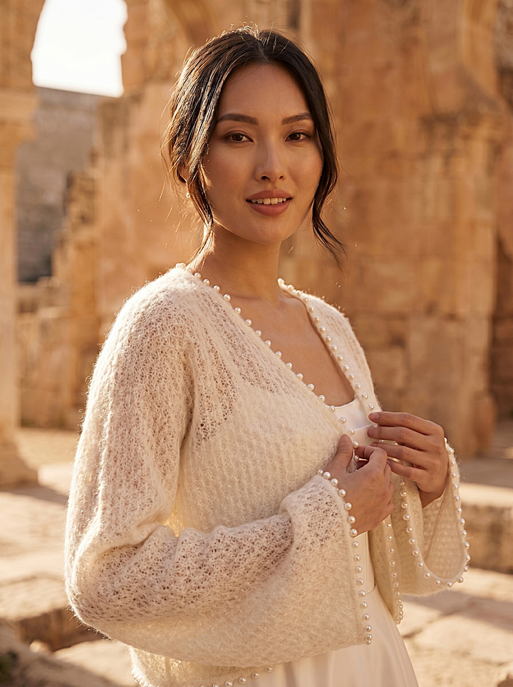Pearl Wedding Topper Ivory Bridal Cardigan Wool Cover Up for Gown