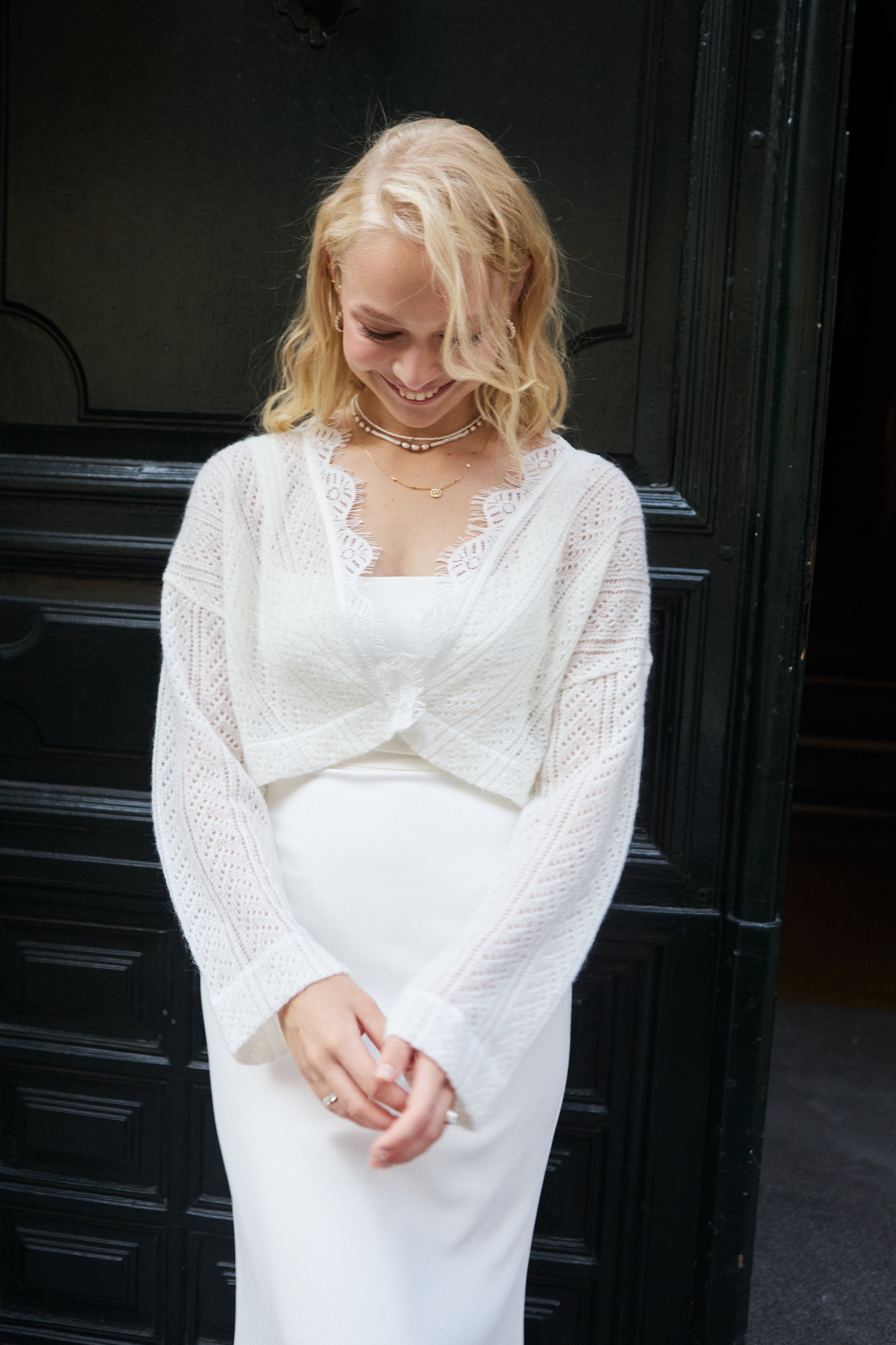 Ivory handmade cropped bridal cardigan with lace.