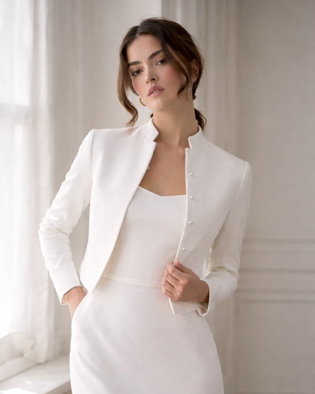 Chaqueta de novia con botón perla y cuello delicado