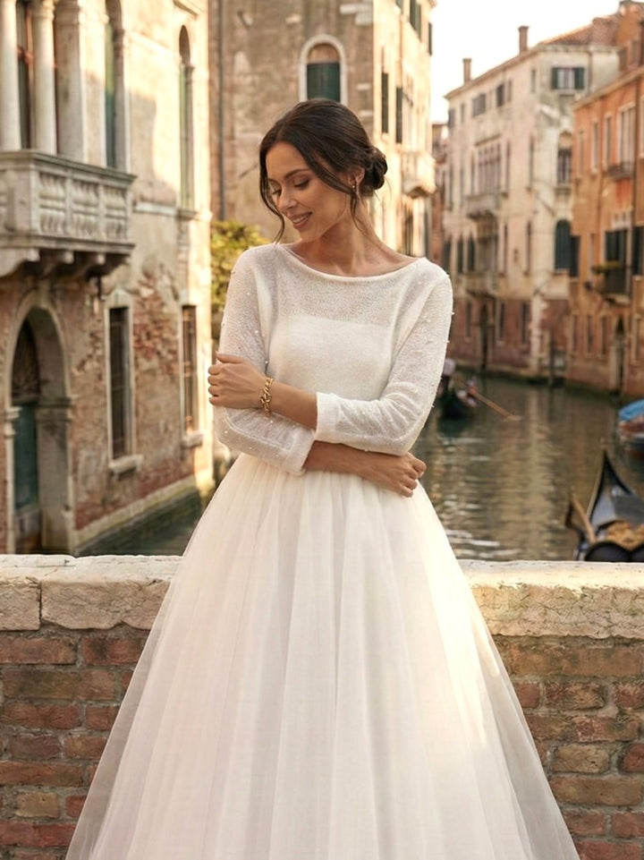 Bridal cardigan with pearls ivory wool sweater 3/4 sleeve elegant cover up