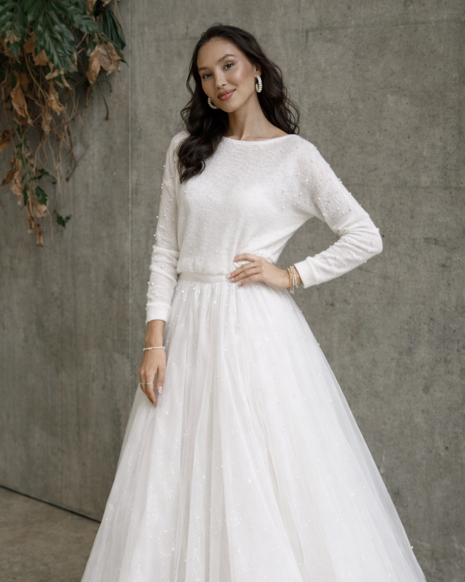 Knitted bridal sweater with beads decoration