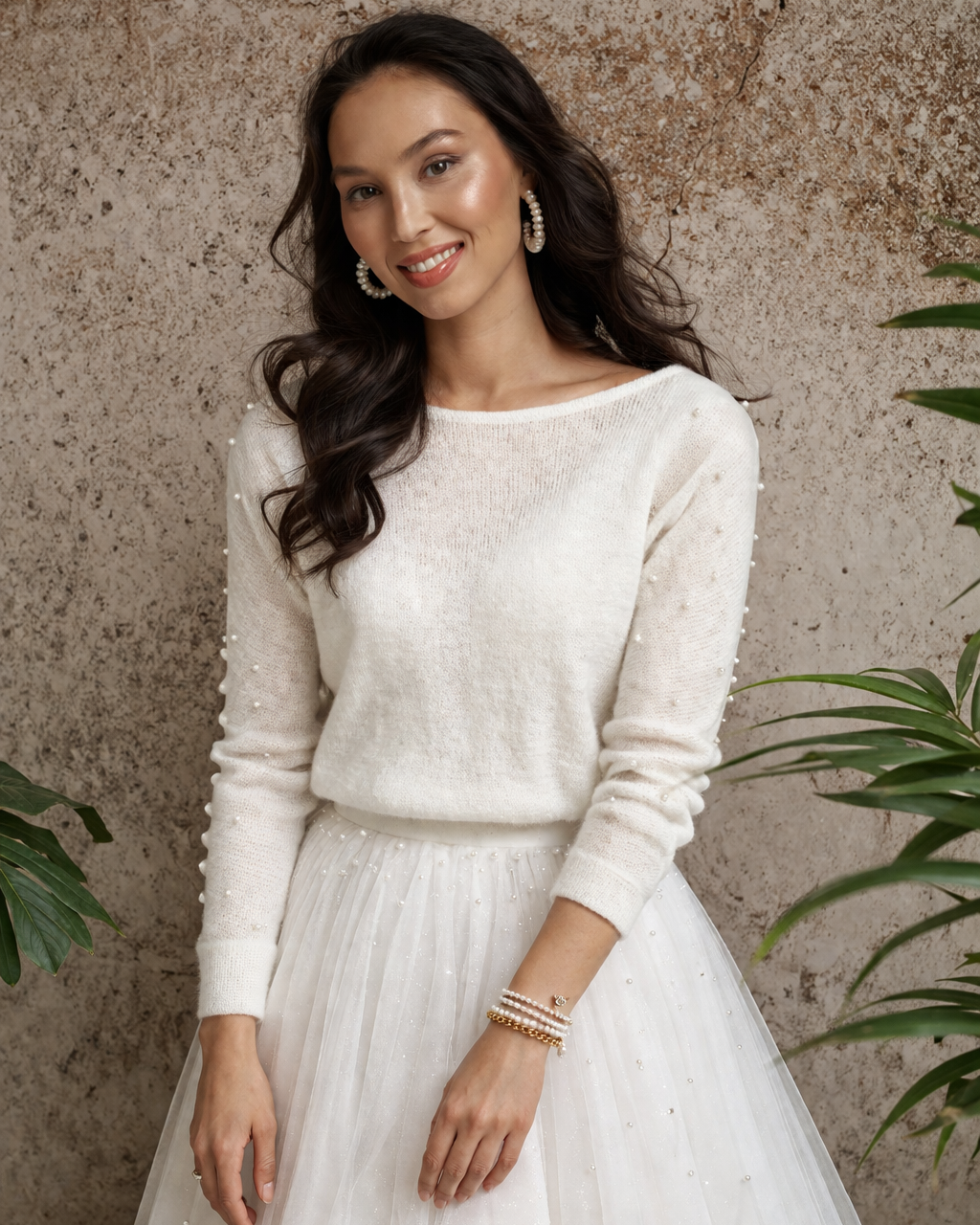 Knitted bridal sweater with beads decoration