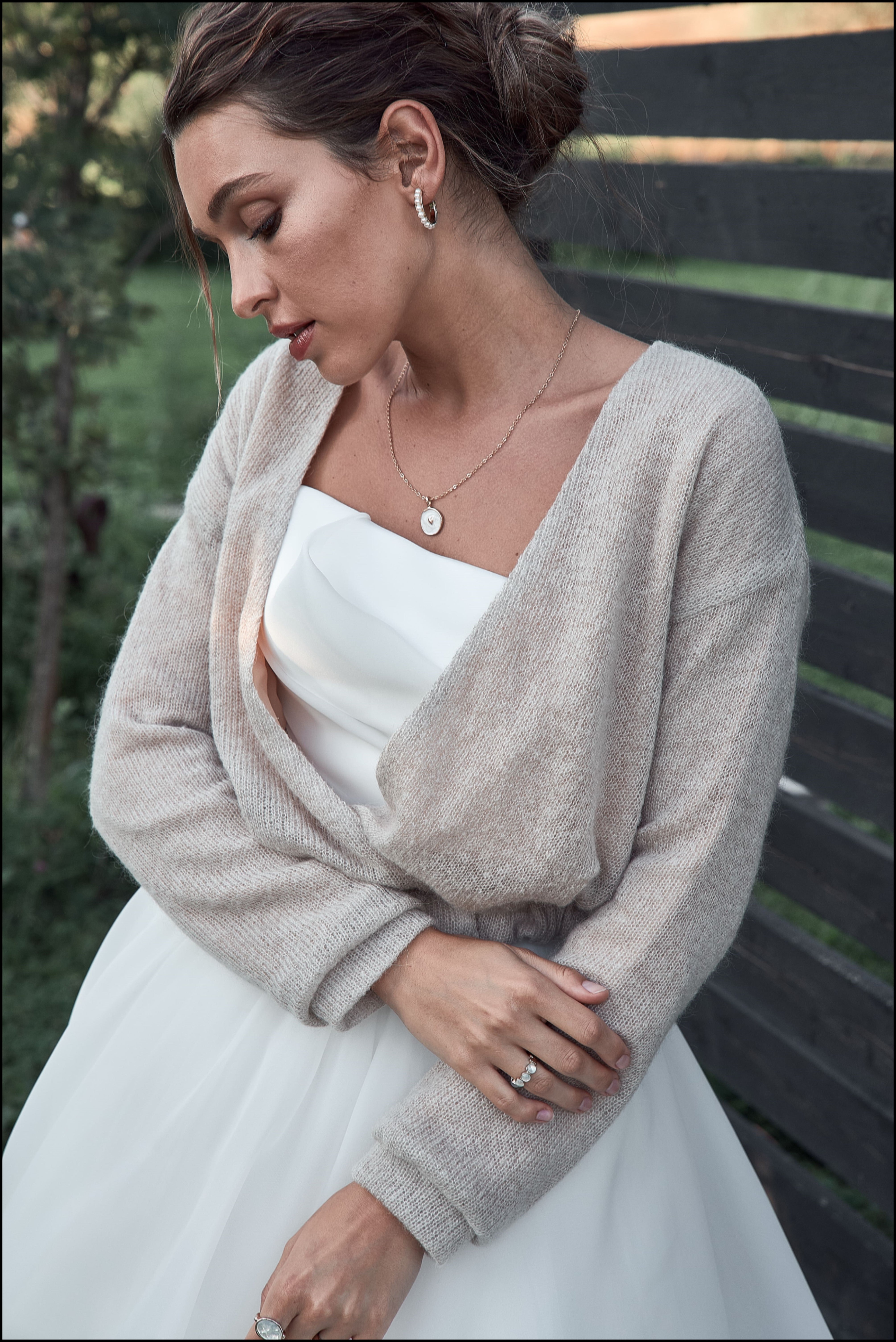 Taupe Bridal Sweater with a Back Bow Accent