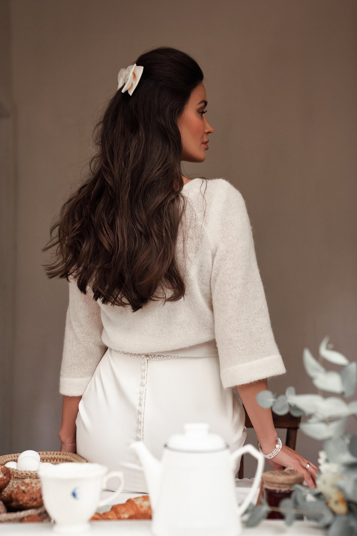 Ivory Angora Wool Sweater with Bow – V-Neck Reversible Crop Style ...