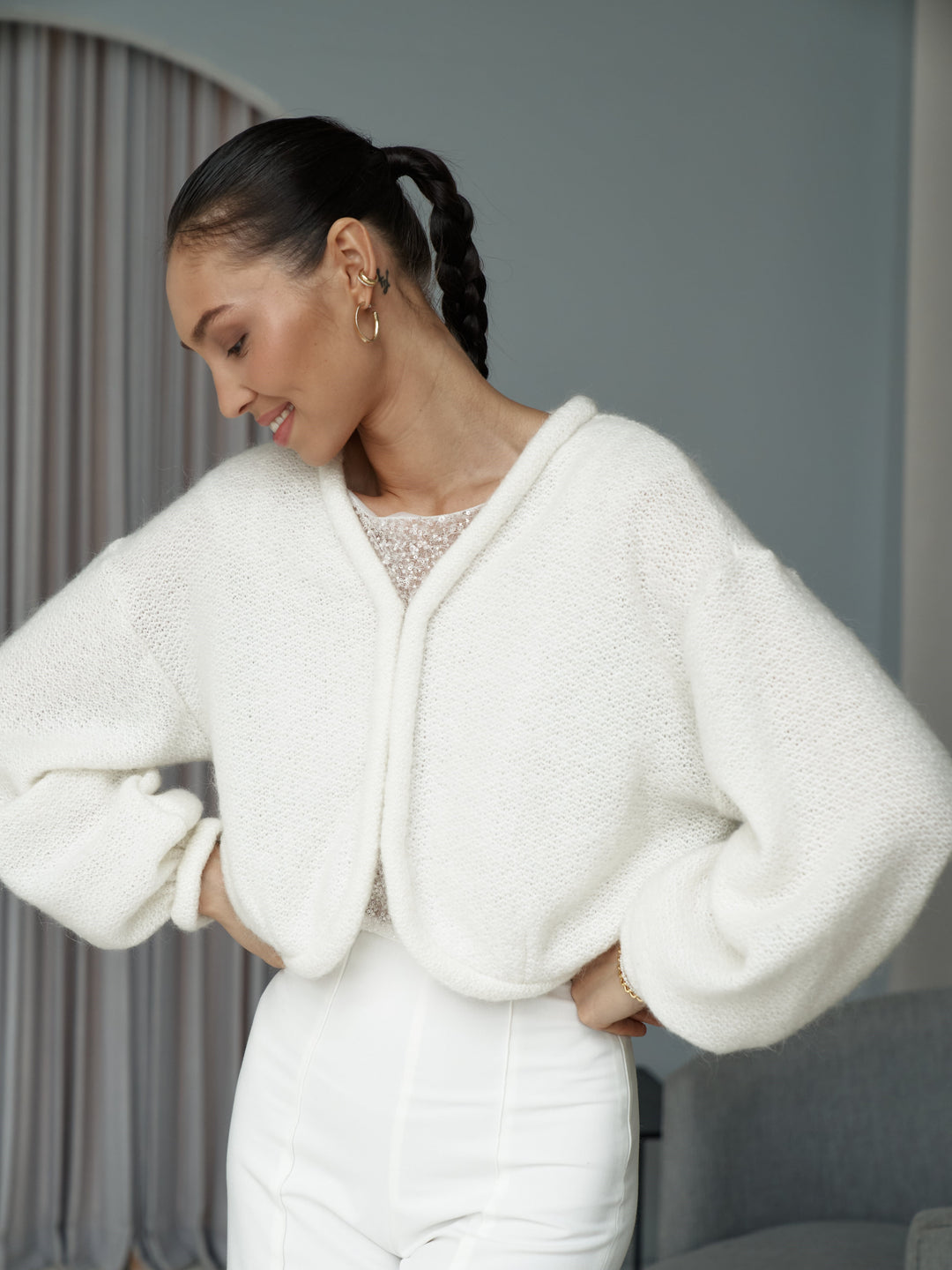 Wedding cover up long sleeve ivory topper wool jacket for bridal dress