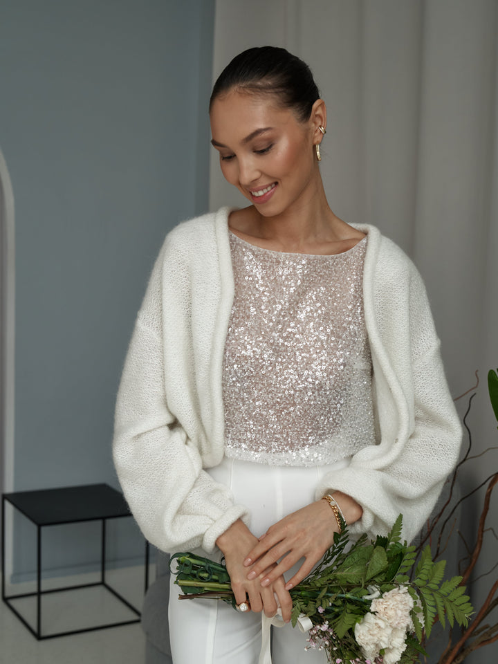 Wedding cover up long sleeve ivory topper wool jacket for bridal dress