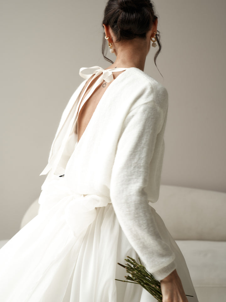 Bridal shrug wool sweater with bow elegant topper for dress