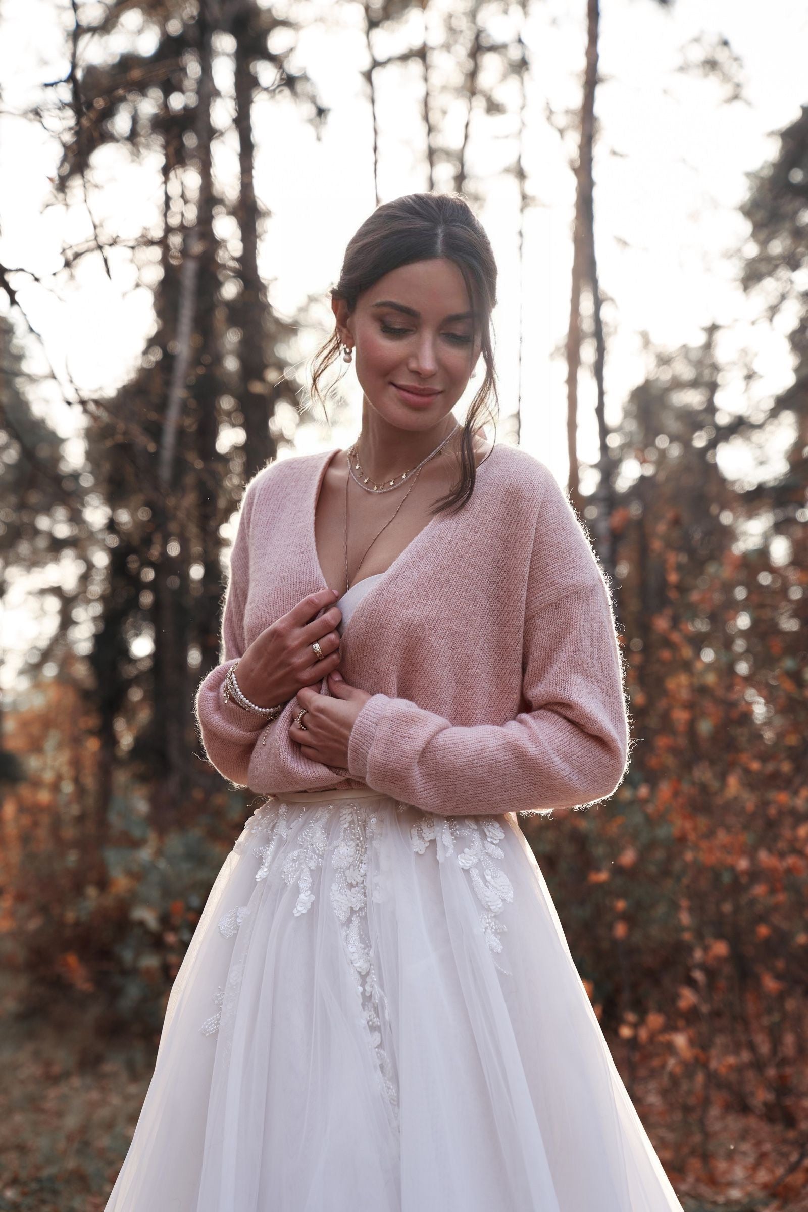 Bridal Dusty Pink Wool Wedding Sweater with Graceful Ribbons