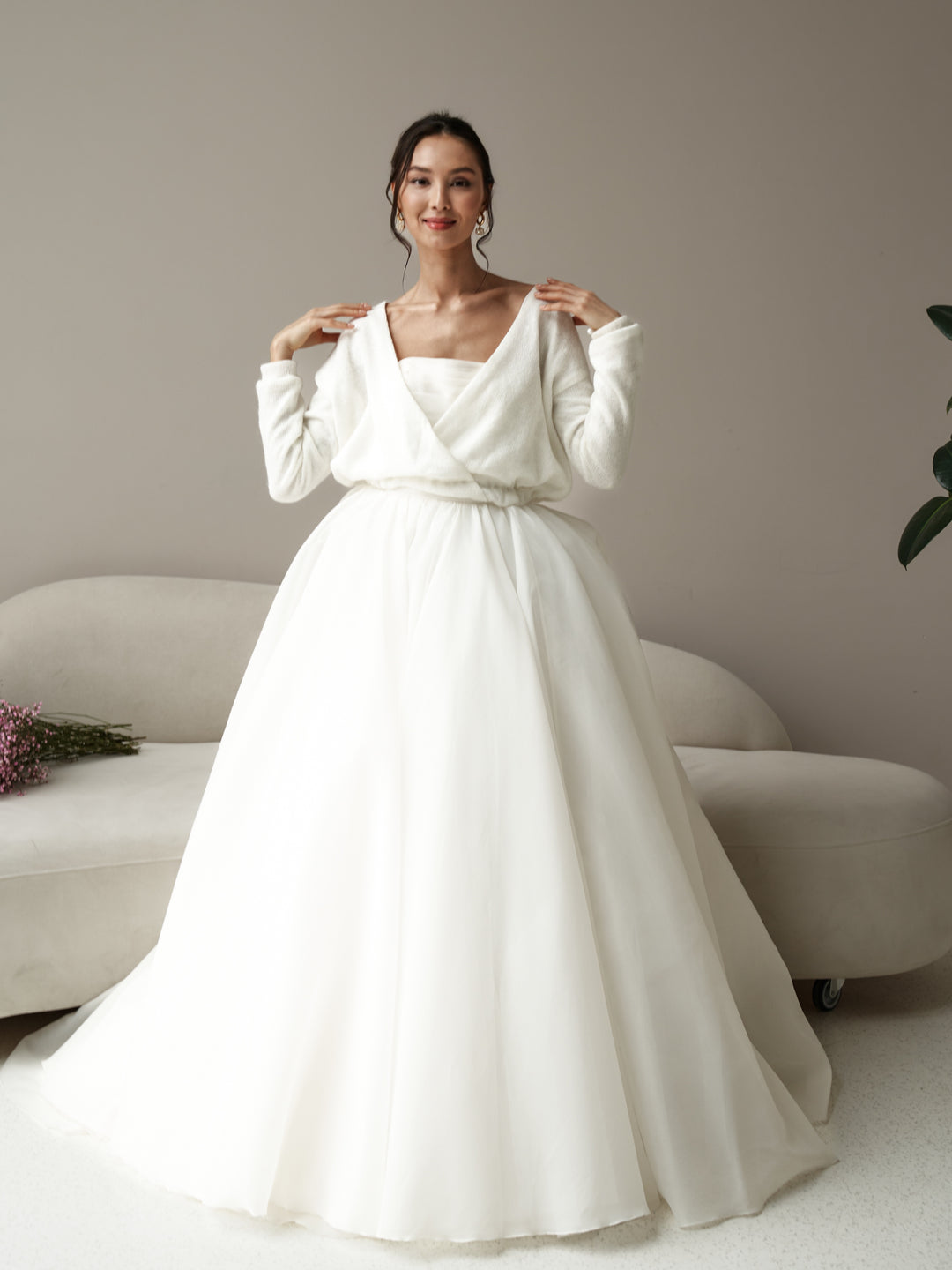 Bridal shrug wool sweater with bow elegant topper for dress