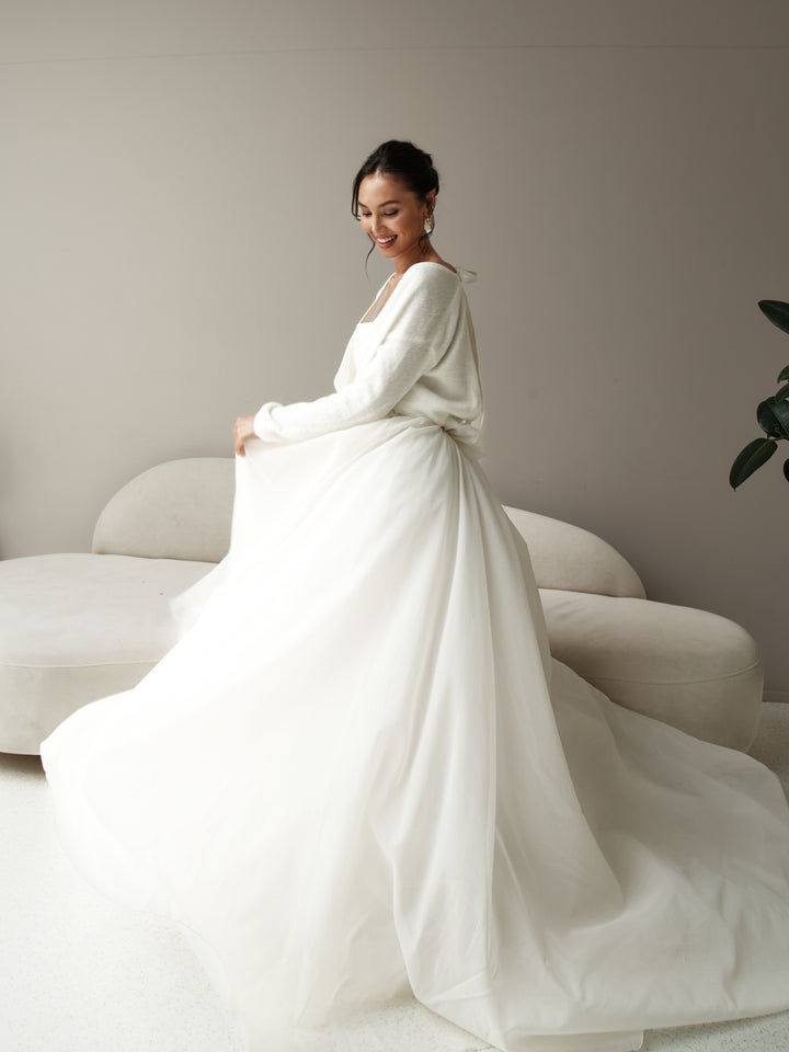 Bridal shrug wool sweater with bow elegant topper for dress