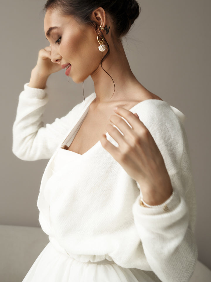 Bridal shrug wool sweater with bow elegant topper for dress