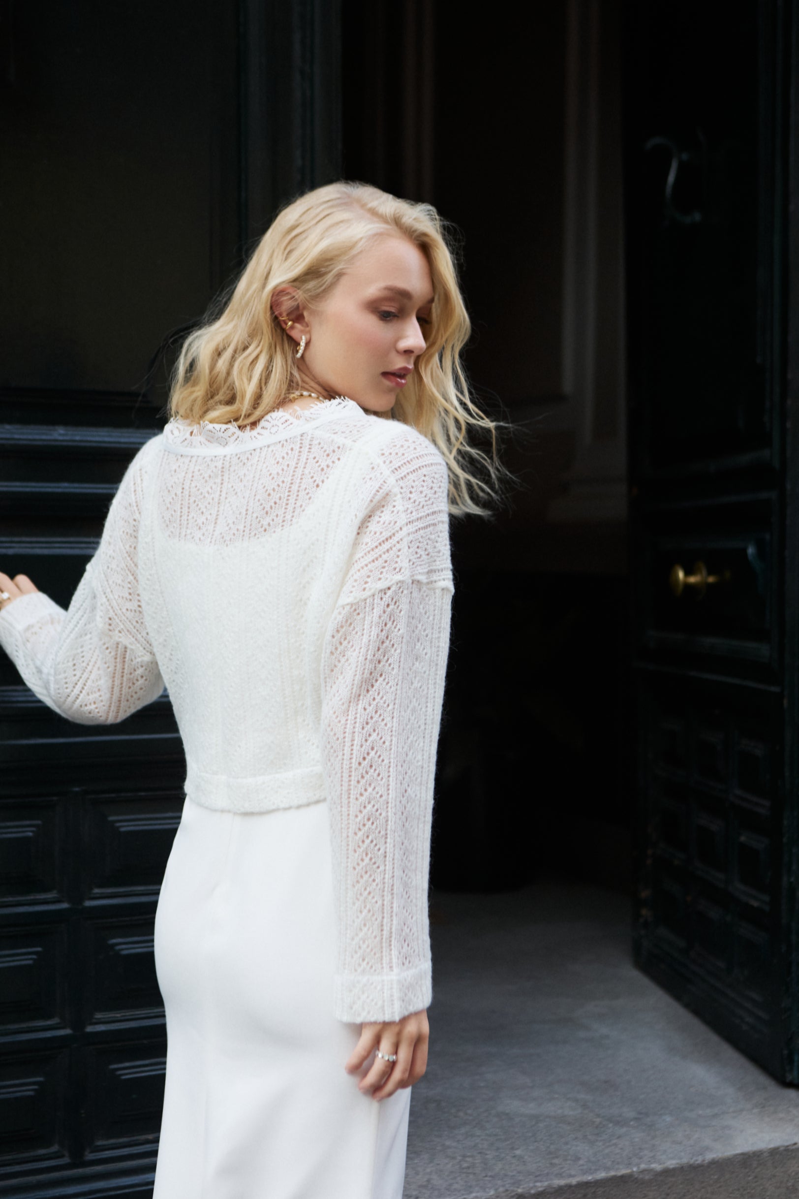 Ivory handmade cropped bridal cardigan with lace.