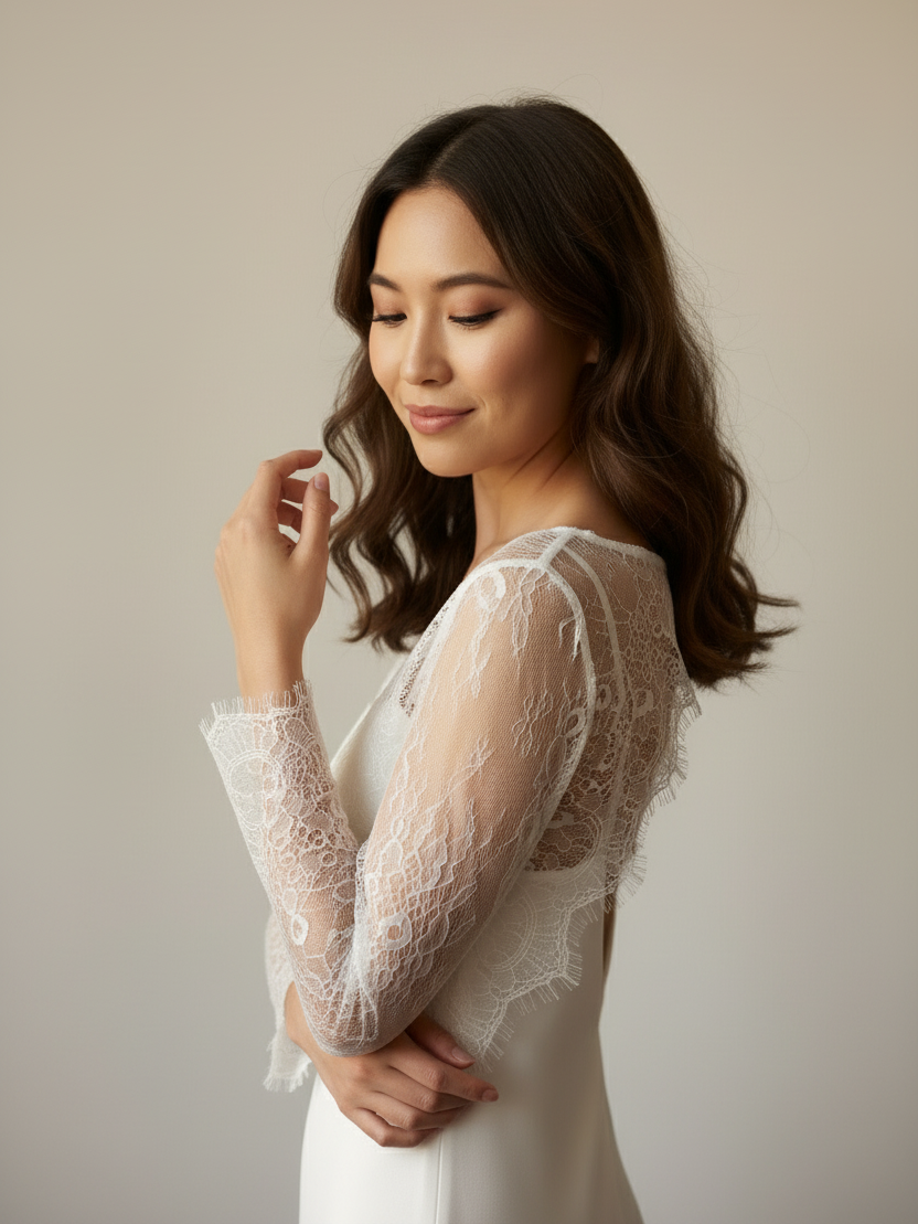 White lace wedding cape cropped top long sleeve bridal layer