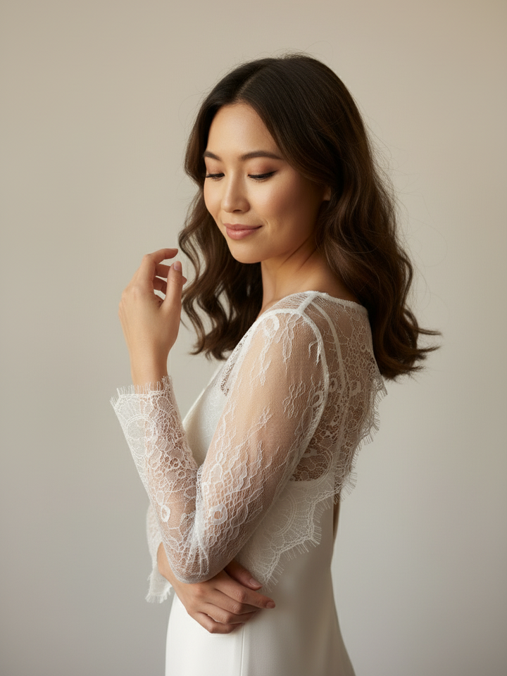 White lace wedding cape cropped top long sleeve bridal layer