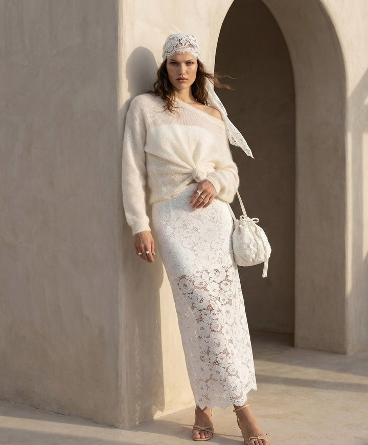 Bridal Two Piece Set Ivory Mohair Sweater Lace Wedding Skirt Outfit Bridal Separates