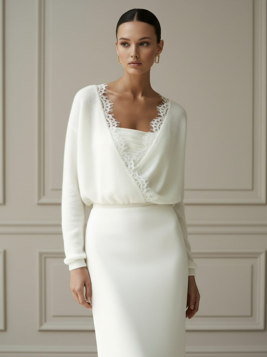 Bridal Knit Top Ivory Mohair Convertible Wedding Cover Up Lace Open Back Layer