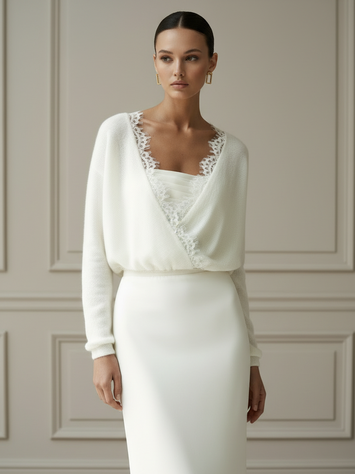 Bridal Knit Top Ivory Mohair Convertible Wedding Cover Up Lace Open Back Layer